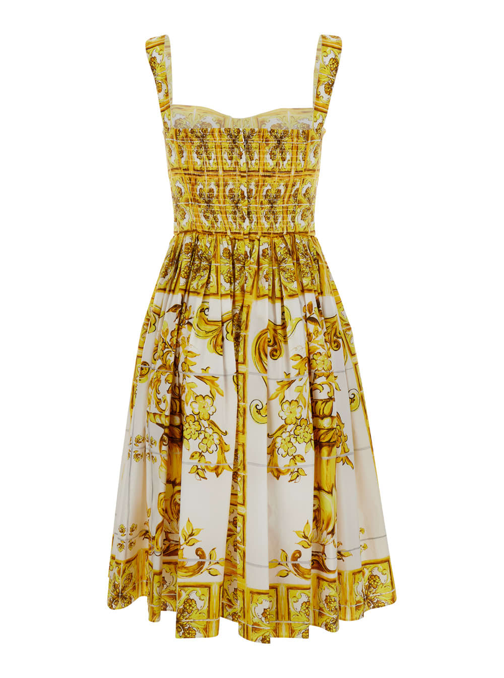 Shop Dolce & Gabbana Midi Yellow And White Bustier Dress With Majolica Print In Cotton Woman