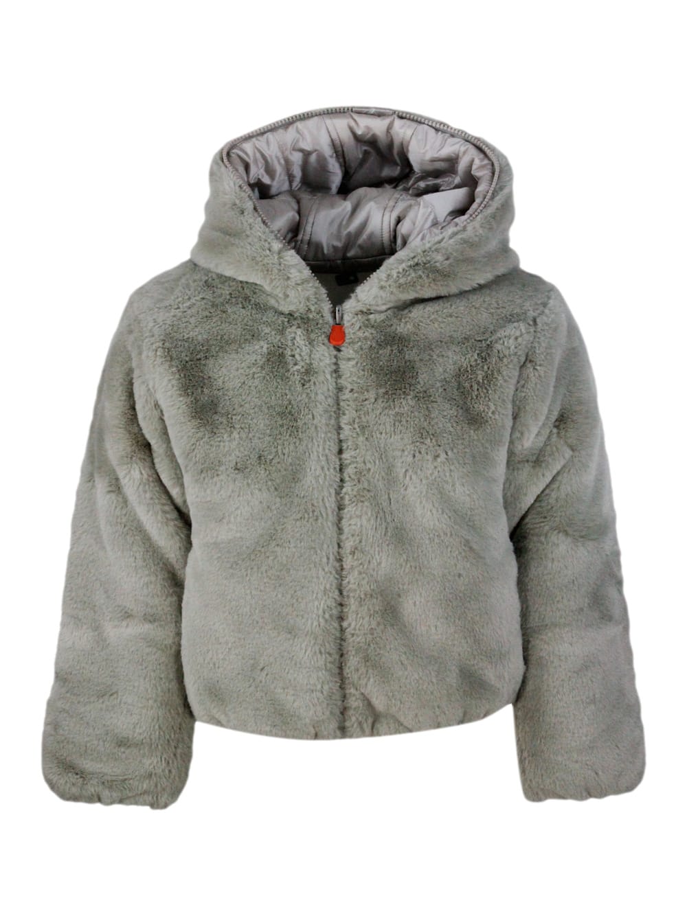 Save The Duck Chloe Reversible Down Jacket In Faux Fur With Hood With Animal Free Padding With Animal Free Padding In Greige