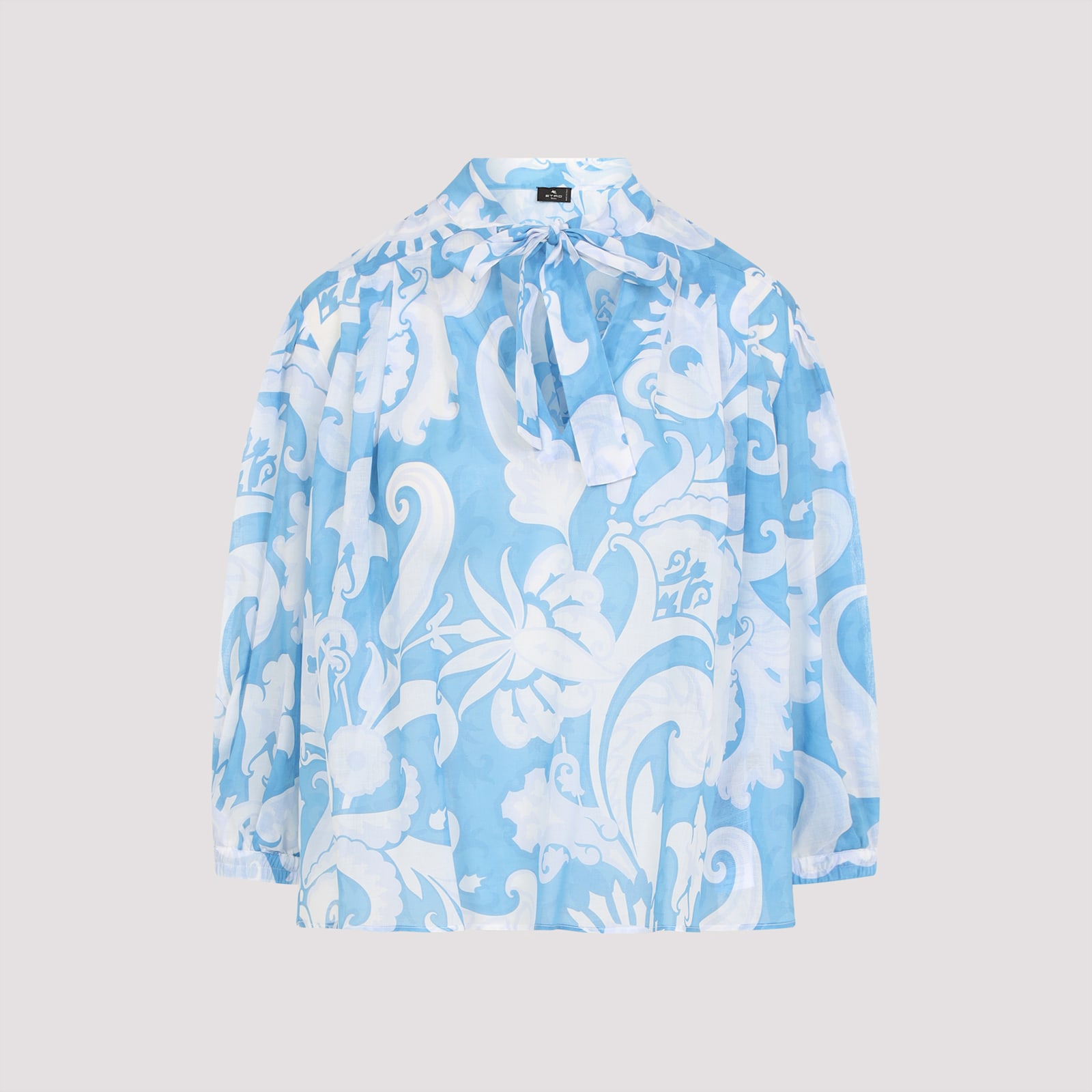 Etro Loose-fit Cotton Shirt With V-neck And Floral Pattern In Blue