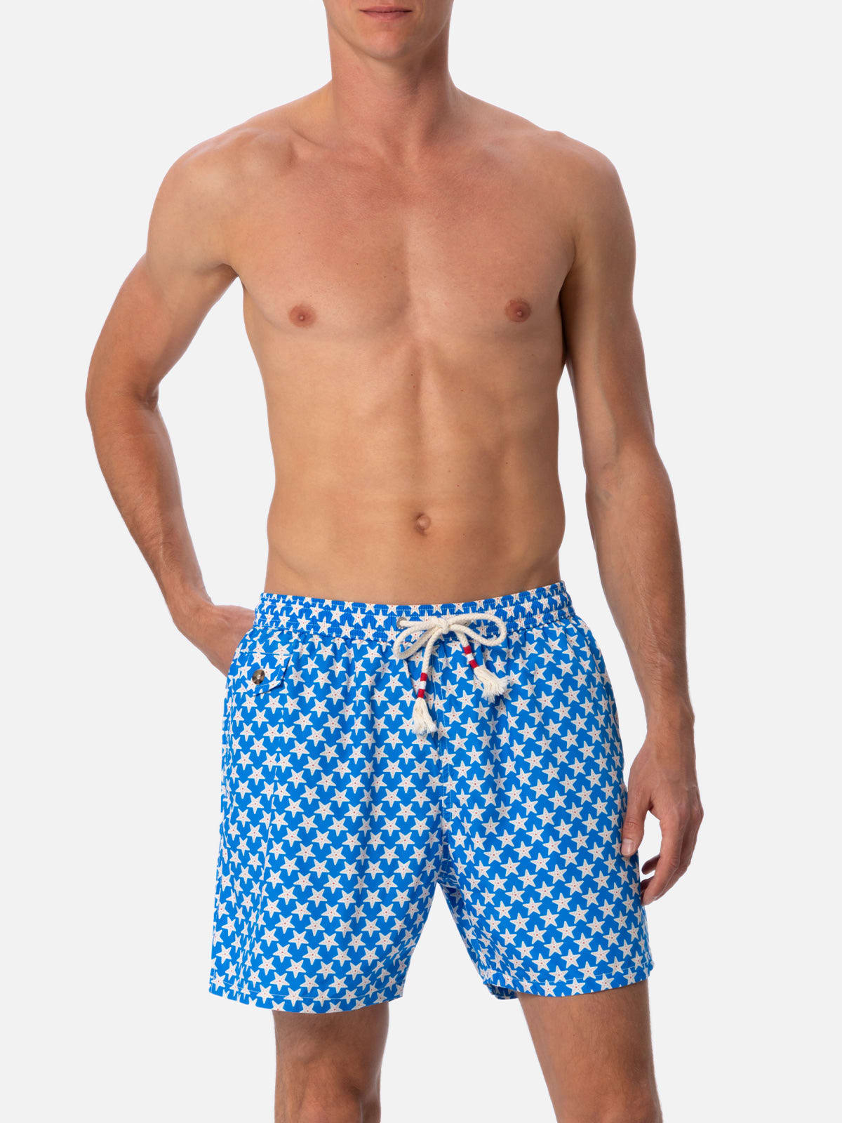 Mc2 Saint Barth Man Lightweight Fabric Swim-shorts Lighting 70 With Seastars Print In Sky