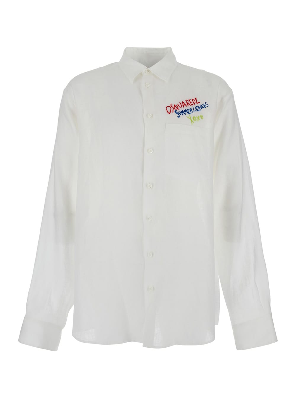 DSQUARED2 WHITE SHIRT WITH CLASSIC COLLAR AND EMBROIDERED LOGO ON THE FRONT IN LINEN MAN