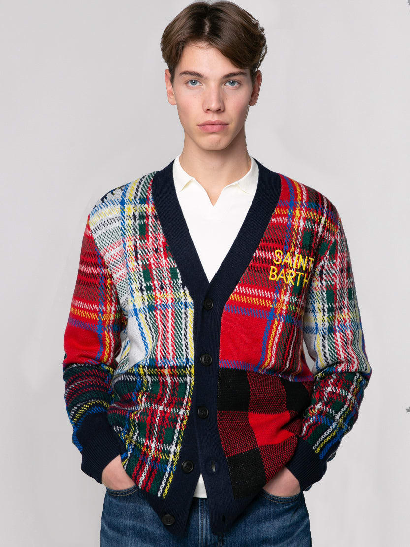 Shop Mc2 Saint Barth Man Tartan Knitted Cardigan With Saint Barth Embroidery In Blue