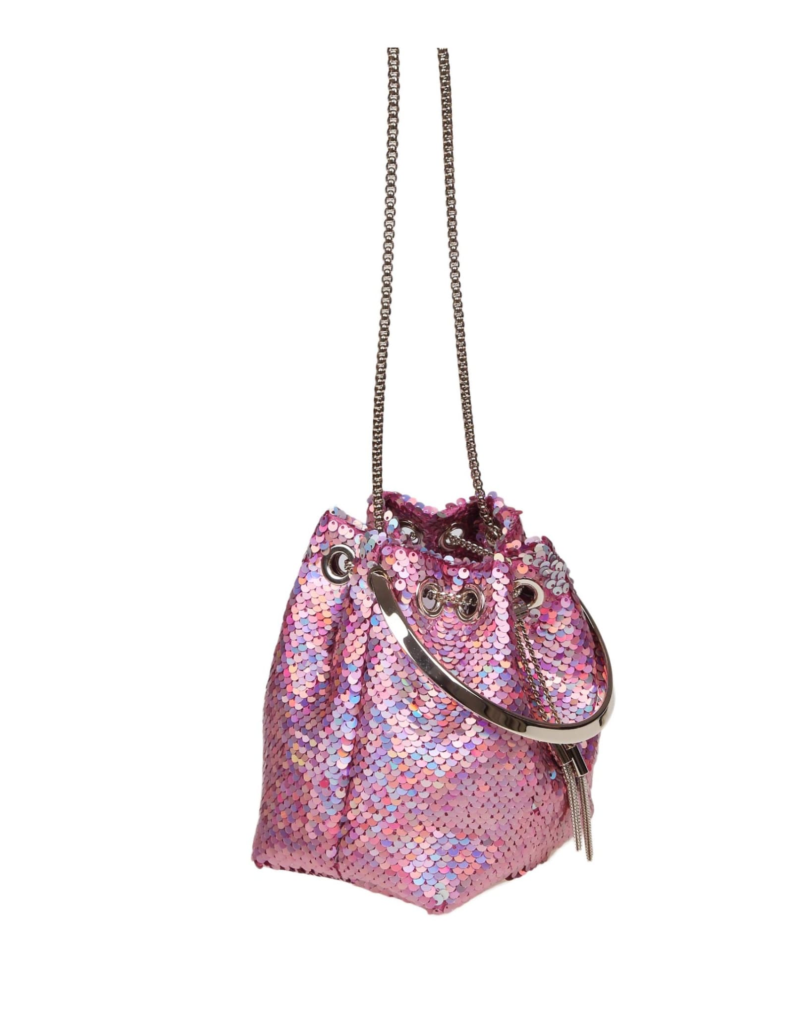 Shop Jimmy Choo Bon Bon Bucket In Fabric With Sequins In Pink