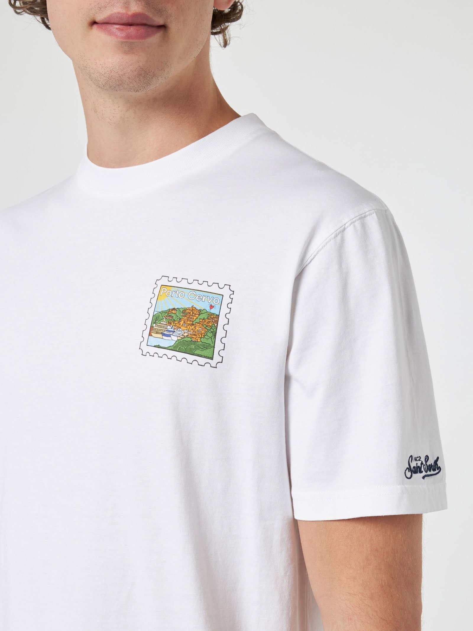 MC2 SAINT BARTH MAN COTTON T-SHIRT WITH PORTO CERVO POSTCARD FRONT AND BACK PRINT ALESSANDRO ENRIQUEZ SPECIAL EDITIO