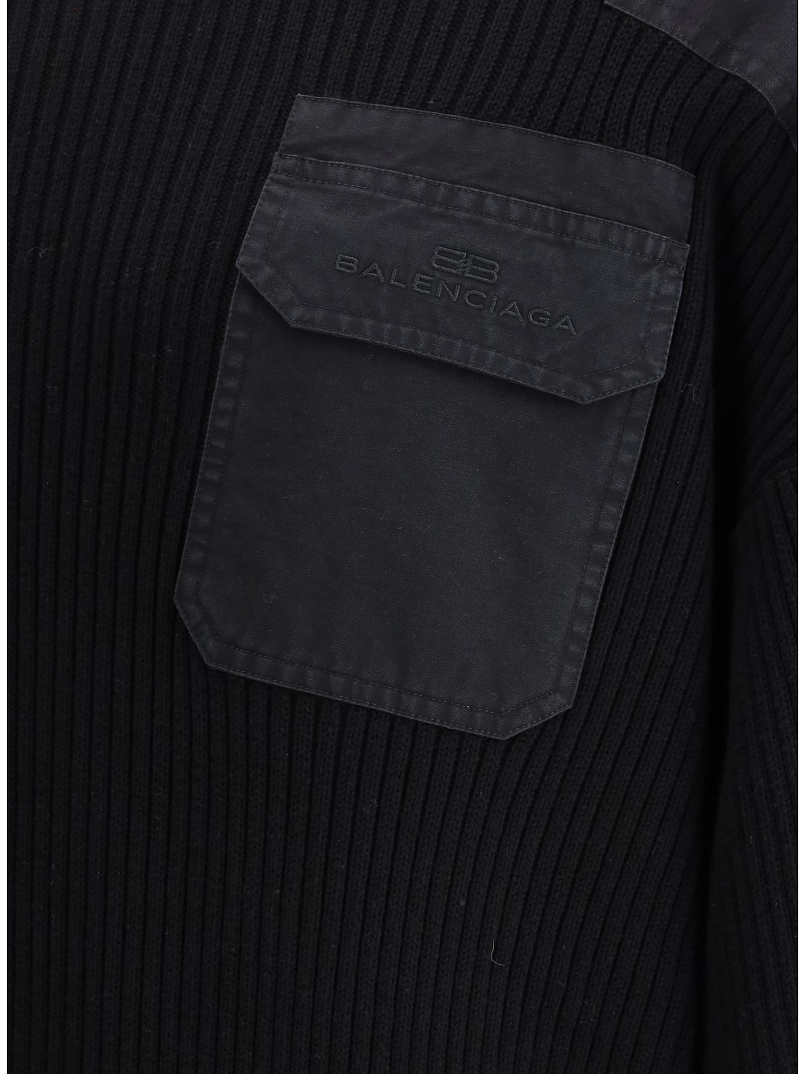 Balenciaga Ribbed Knit Military Sweater In Black