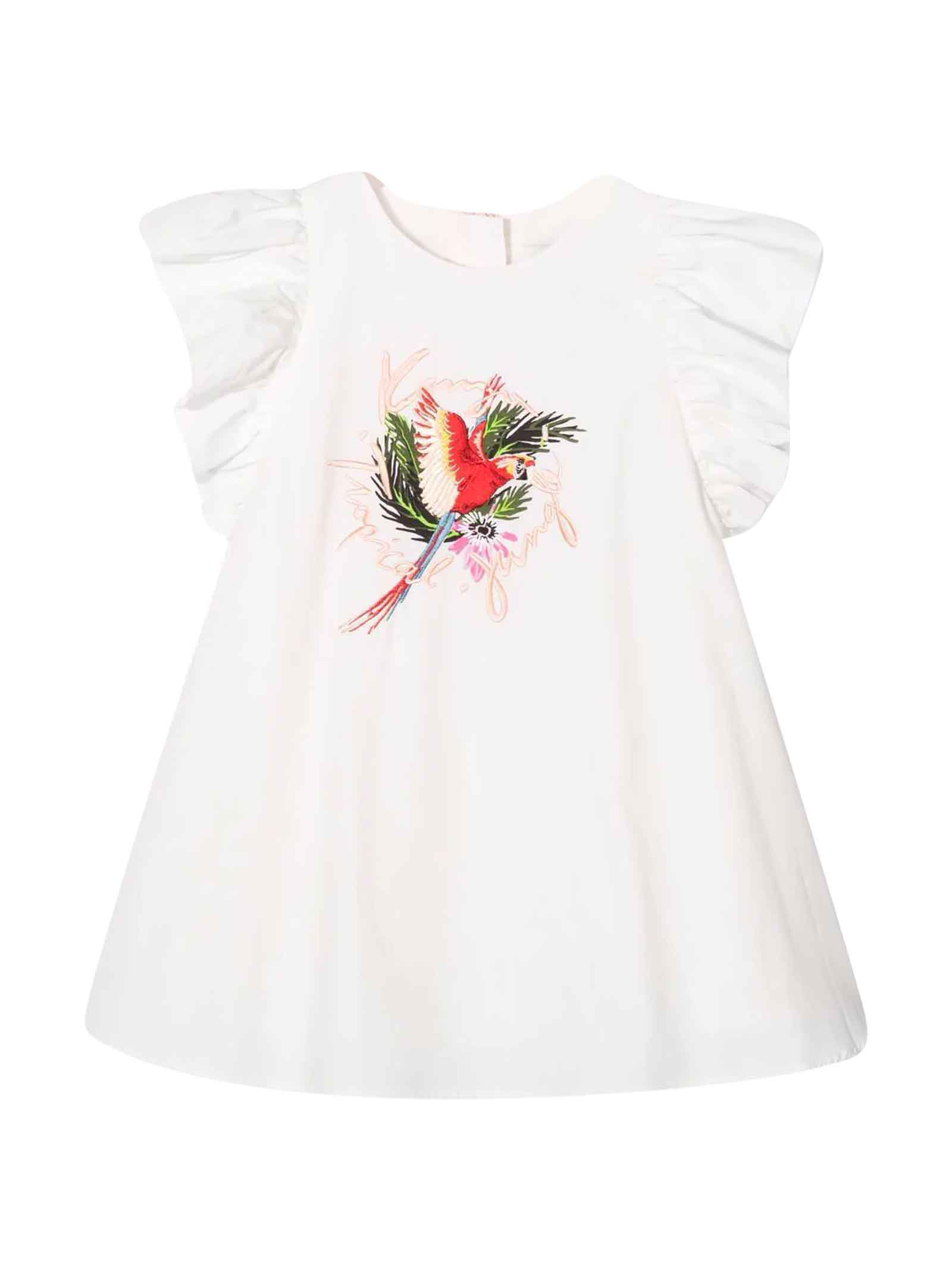 Kenzo Kids Embroidered White Teen Girl Dress, With Ruffles, Back Zip Closure, Round Neckline, Flared Design And Straight Hem By
