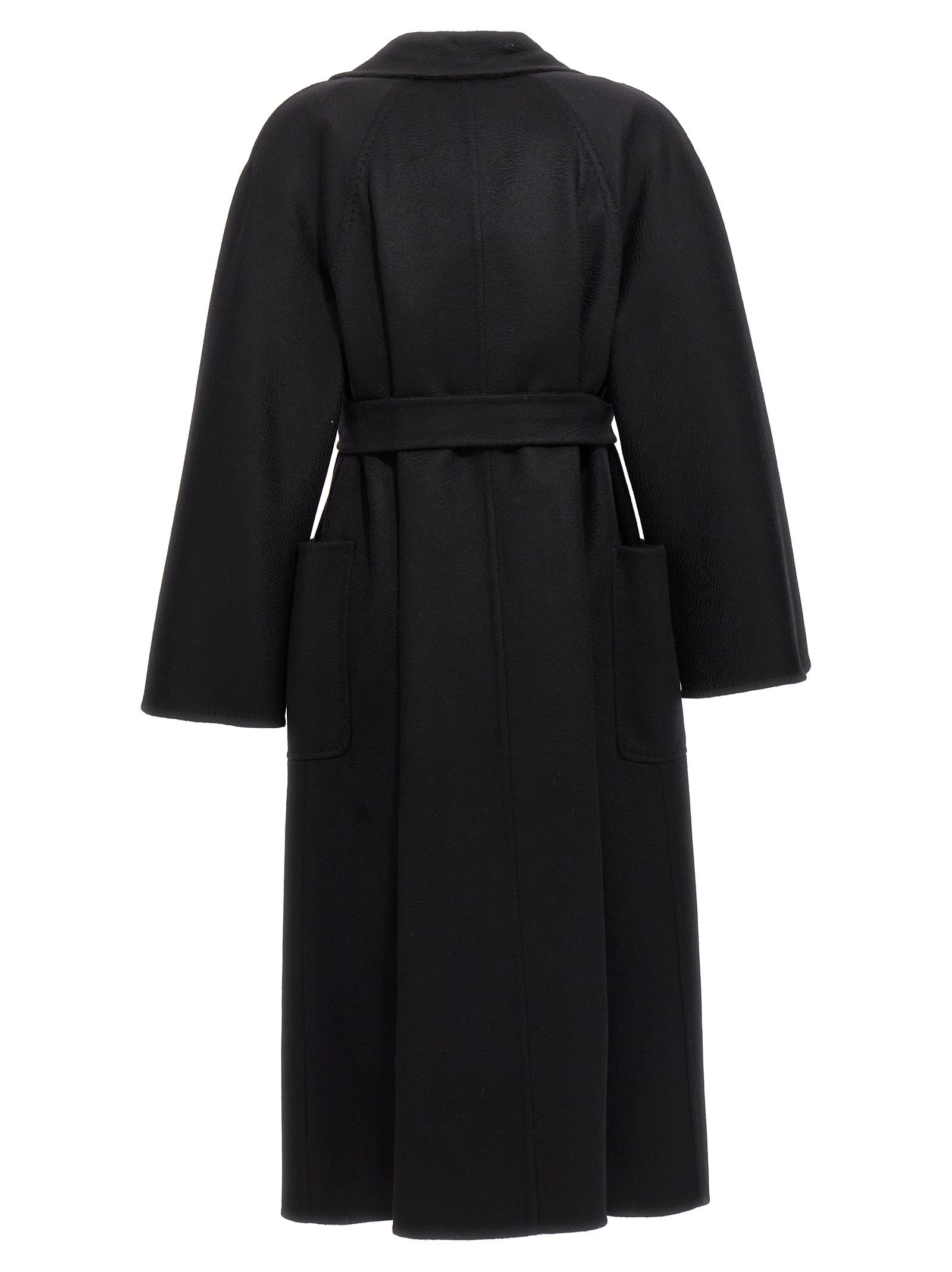 Max Mara Black Belted Long Coat With Notched Collar And Smooth Finish In Black