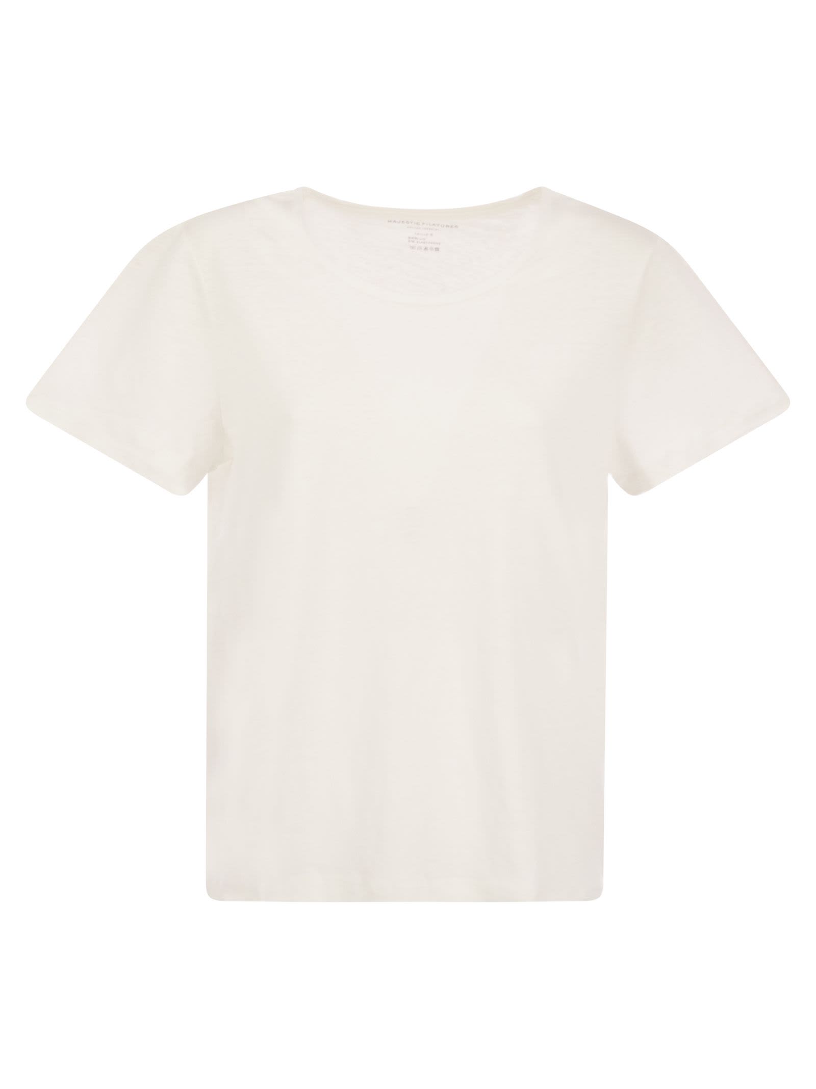 Shop Majestic Crew-neck T-shirt In Linen And Short Sleeve In White