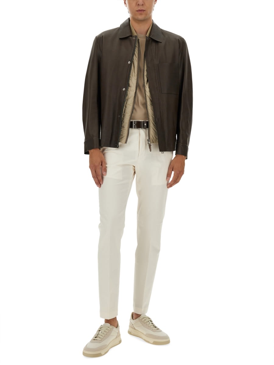 Hugo Boss Boss Camel Brown Leather Jacket With Classic Collar In Blue