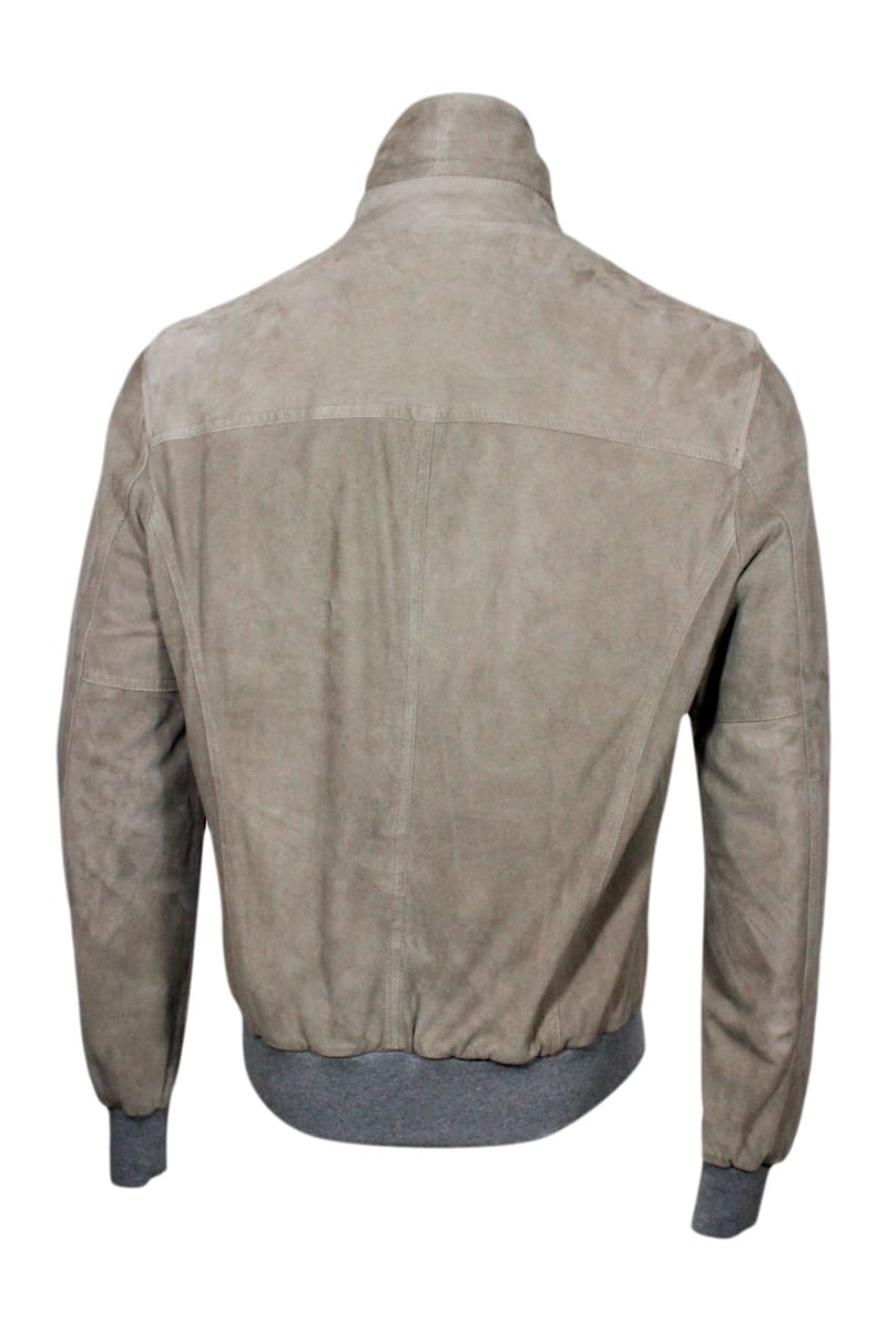 Shop Barba Napoli Bomber Jacket In Soft Stretch Suede With Button Closure And Cuffs And Knitted Bottom. Interior In Co In Beige
