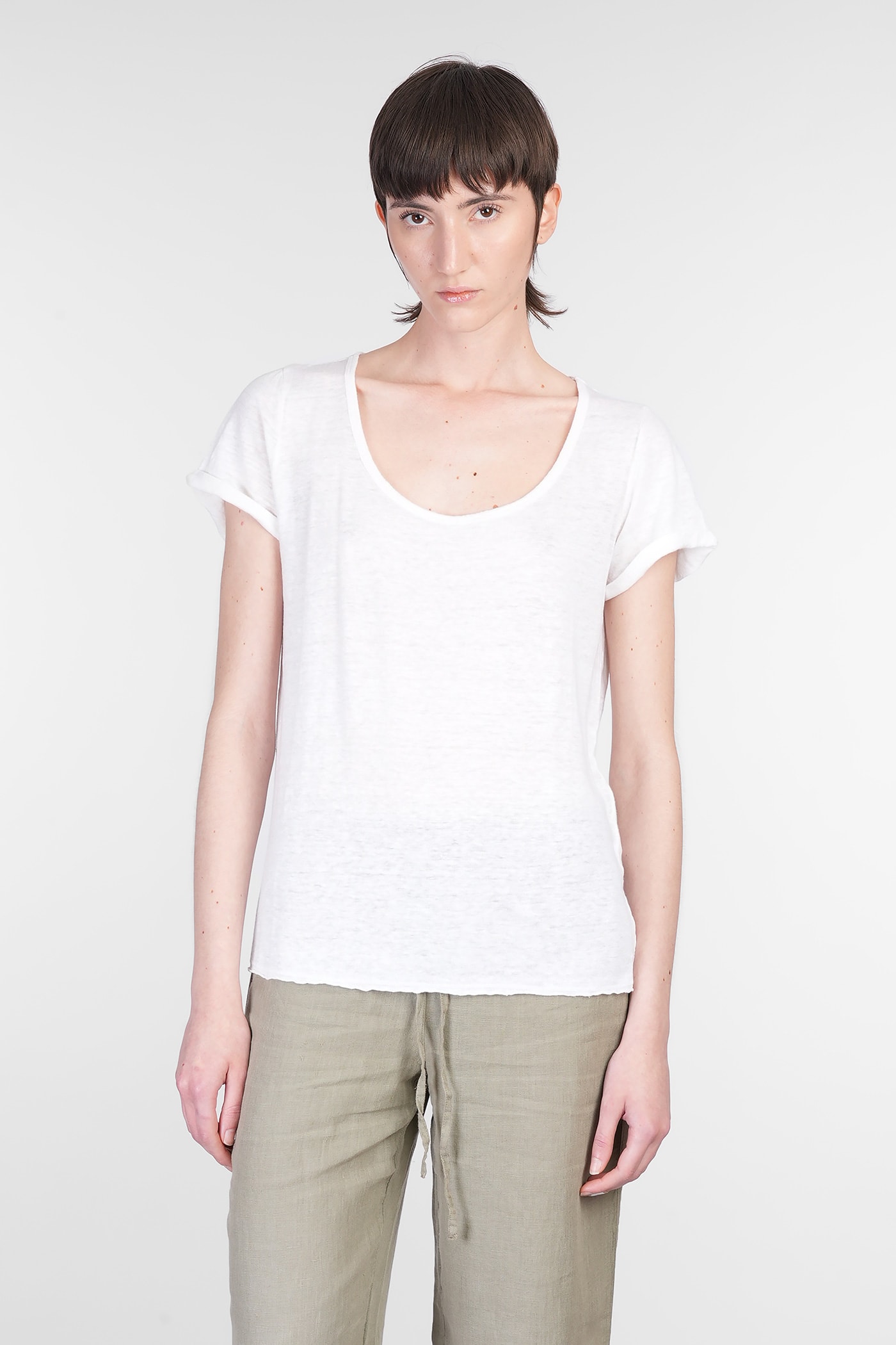 120% Lino Relaxed White Linen T-shirt With Scoop Neckline