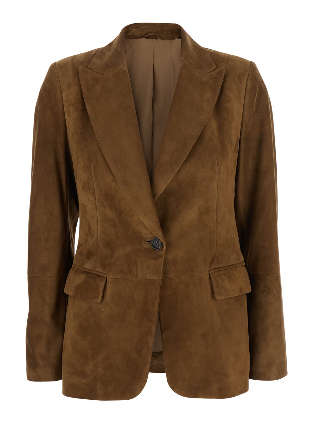 Beige Single-breasted Blazer Jacket With Pointed Lapels In Suede Woman