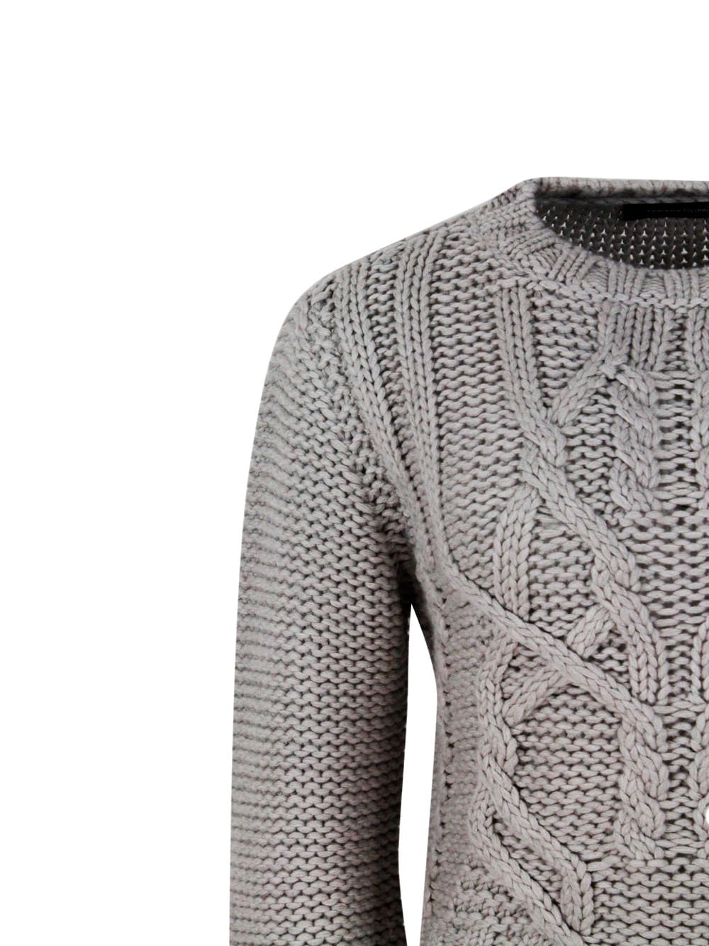 Shop Fabiana Filippi Long Sleeve Crewneck Sweater In 100% Soft Virgin Wool With Cable Knit On The Front In Grey