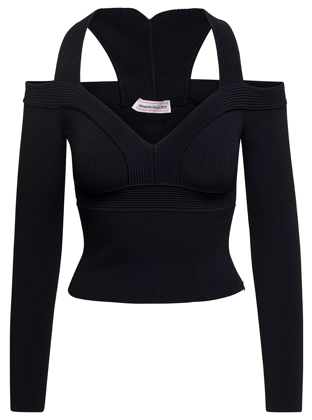 Alexander McQueen Black Cropped Top With Cut-out Details Black In Jersey Stretch Woman