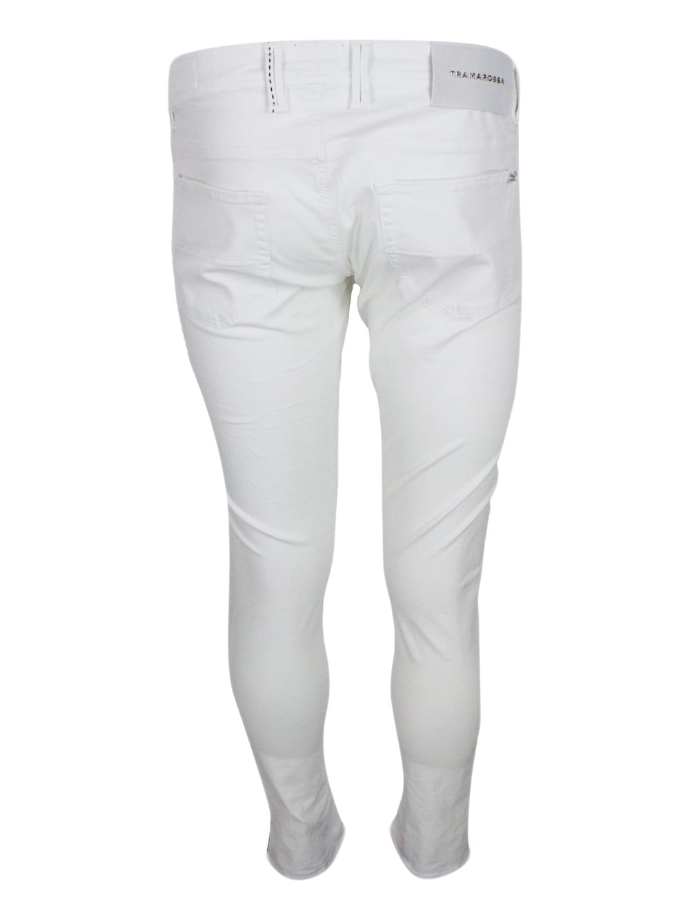 Shop Sartoria Tramarossa Leonardo Slim Zip Trousers In Soft Cotton With 5 Pockets With Tailored Stitching And Suede Tab. Zip  In White