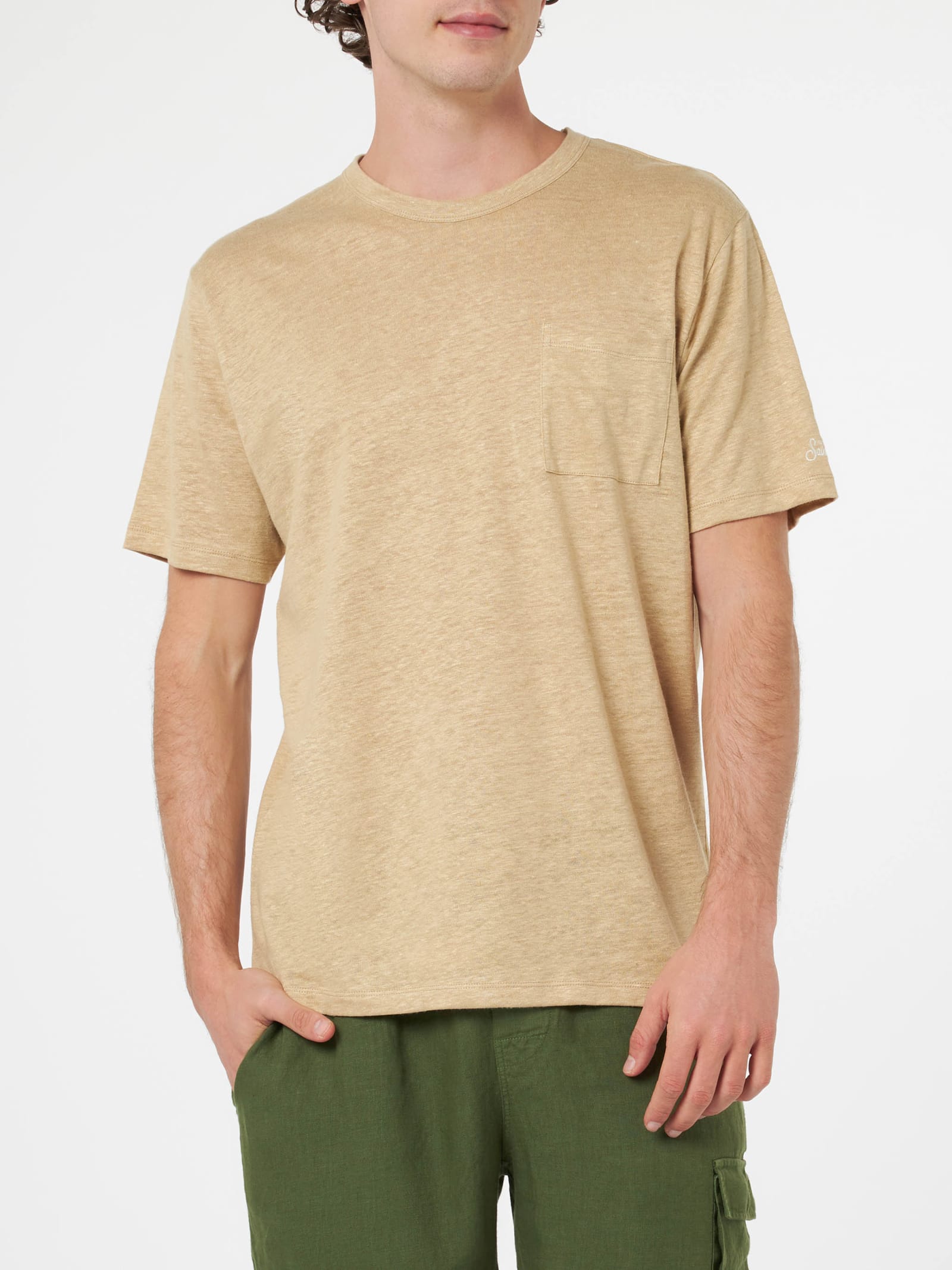 Mc2 Saint Barth Man Beige Linen Jersey T-shirt Ecstasea With Pocket In White