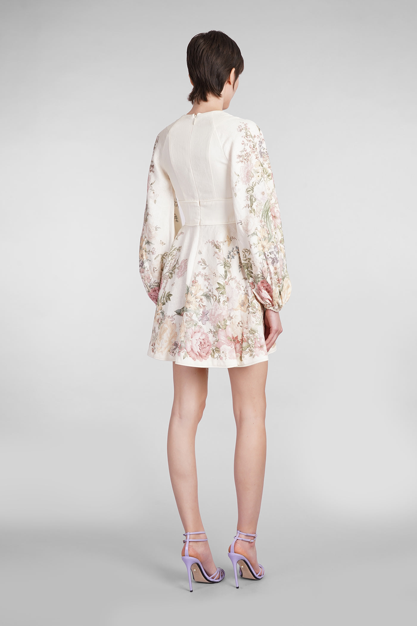 Shop Zimmermann Dress In Beige Linen In Cream Floral