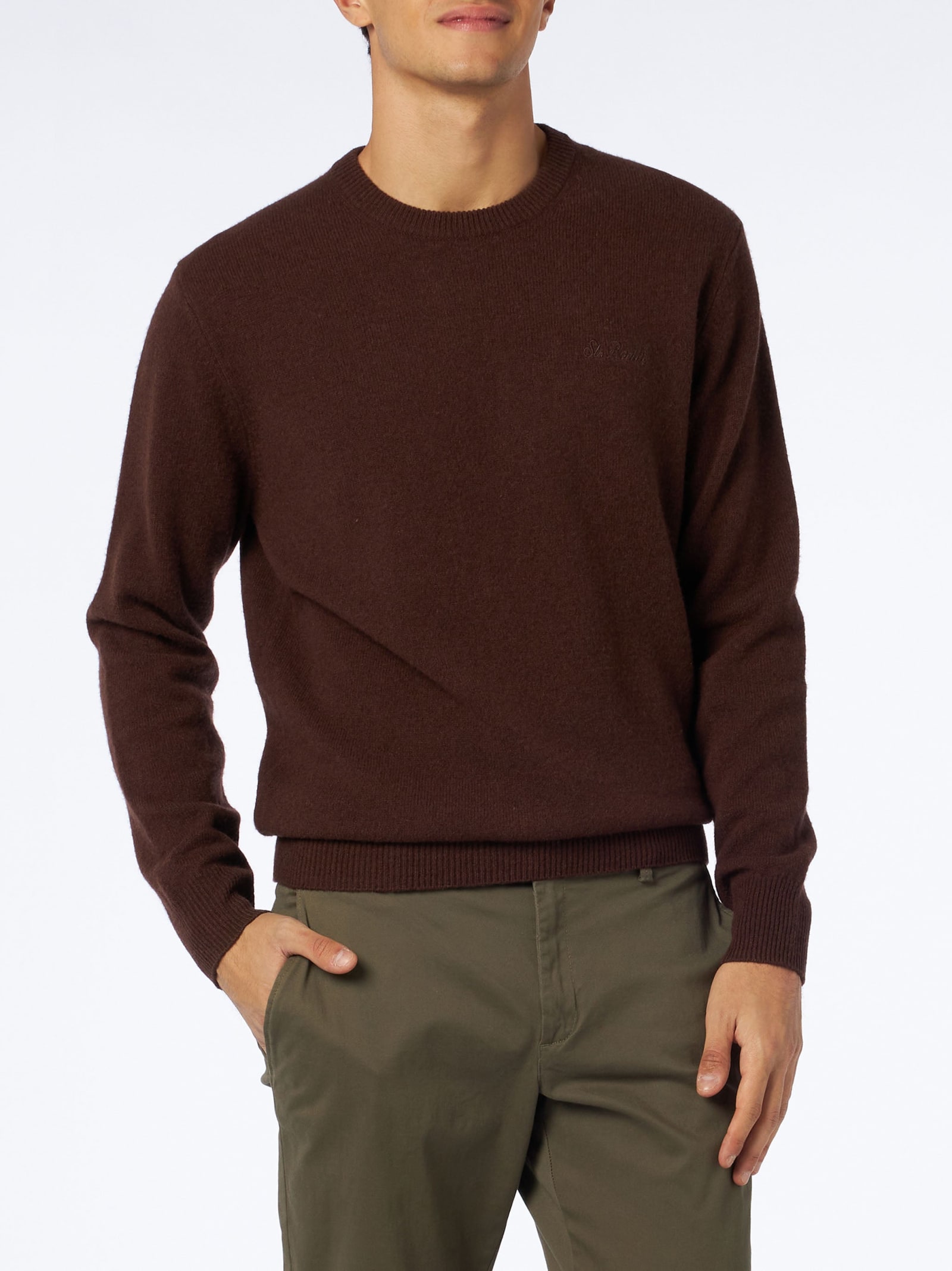 Mc2 Saint Barth Man Crewneck Brown Sweater With St. Barth Embroidery In Brown