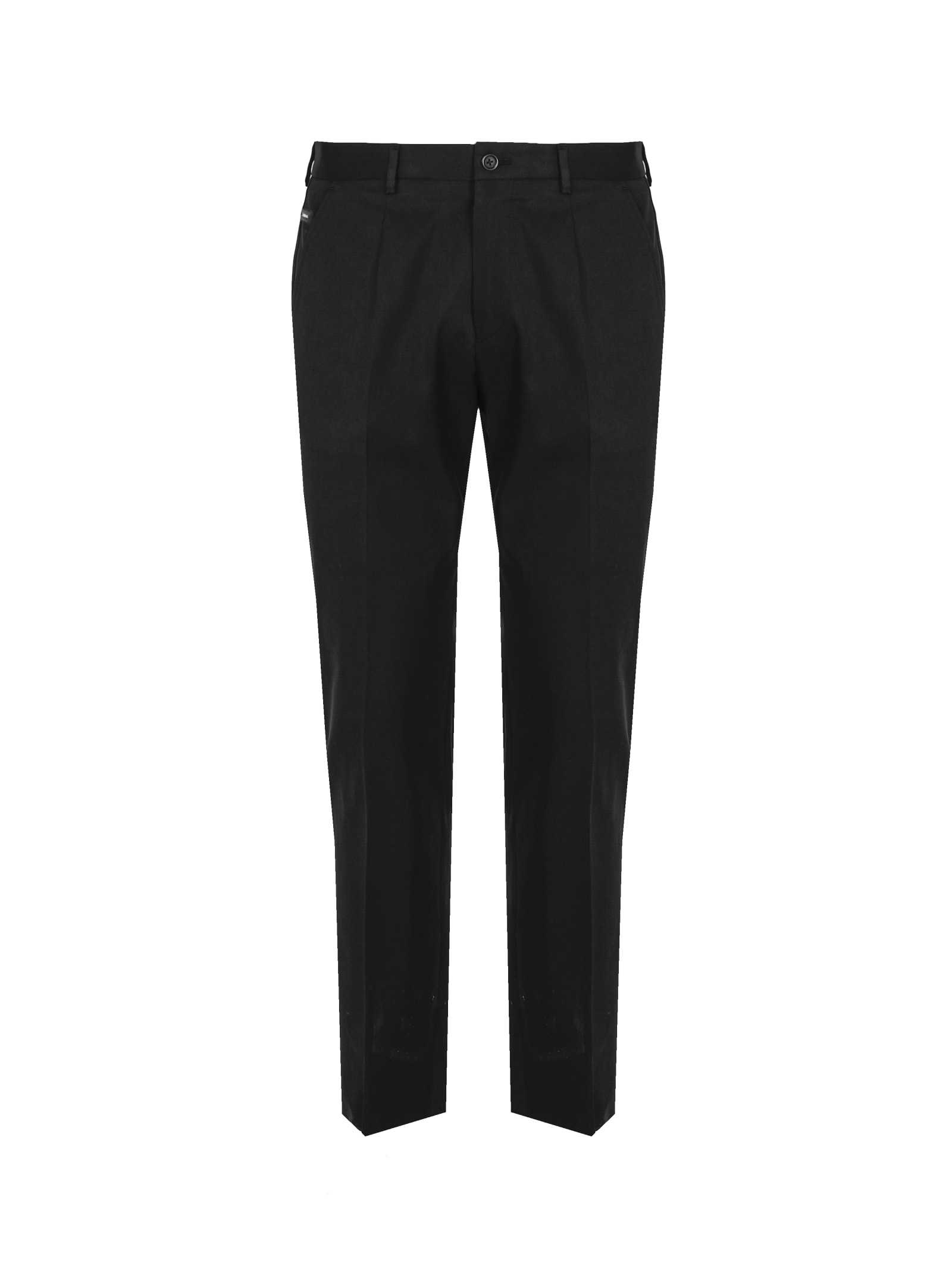 Shop Dolce & Gabbana Stretch Cotton Trousers With Logoed Plaque In Black