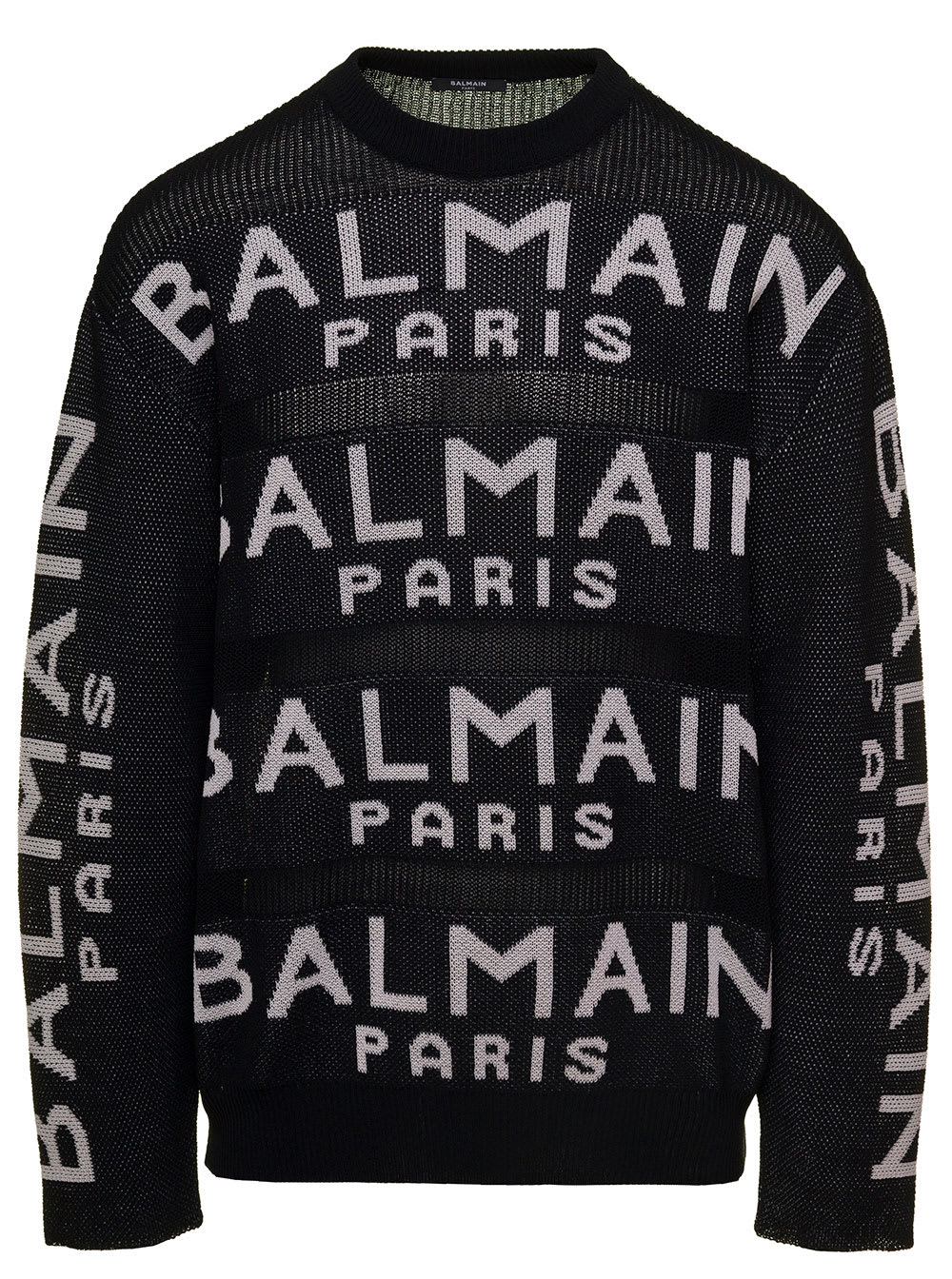 Black Knit Jumper With All-over Logo In Cotton Blend Man Balmain