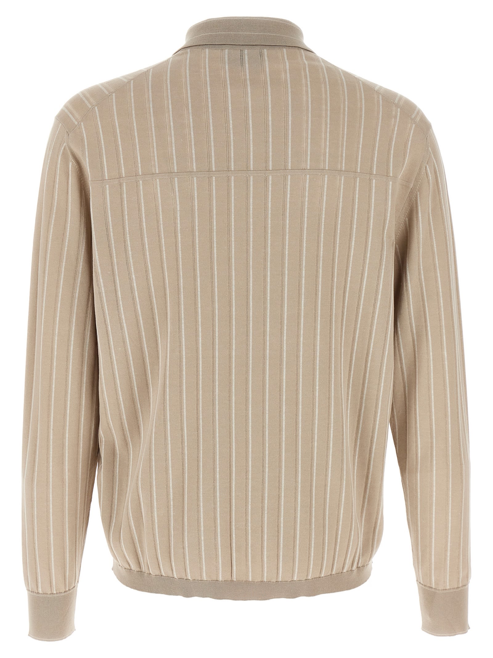 Brioni Knit Shirt With Chest Pocket And Ribbed Finish In Beige