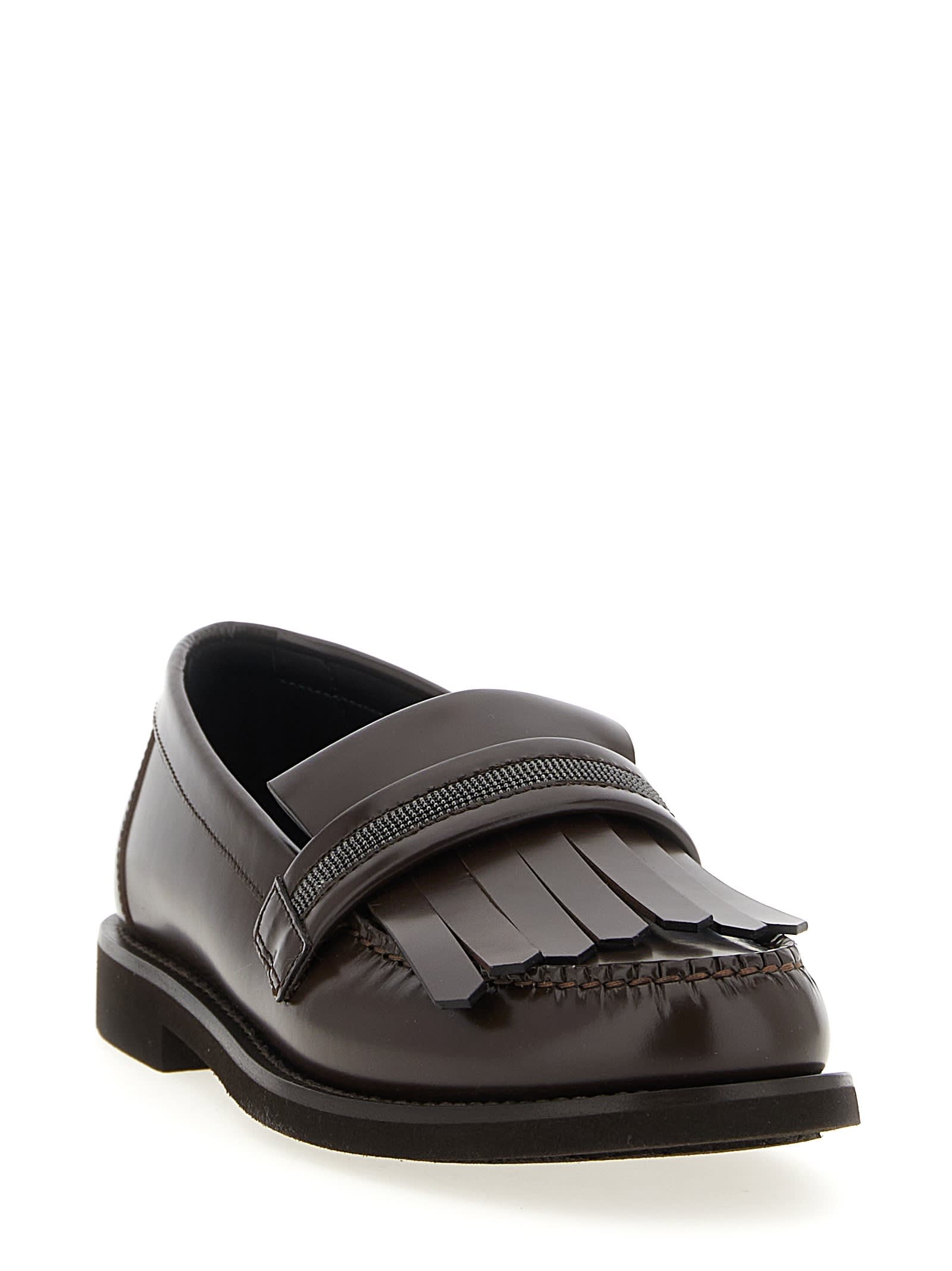 Brunello Cucinelli Bead-embellished Fringed Leather Loafers In Brown