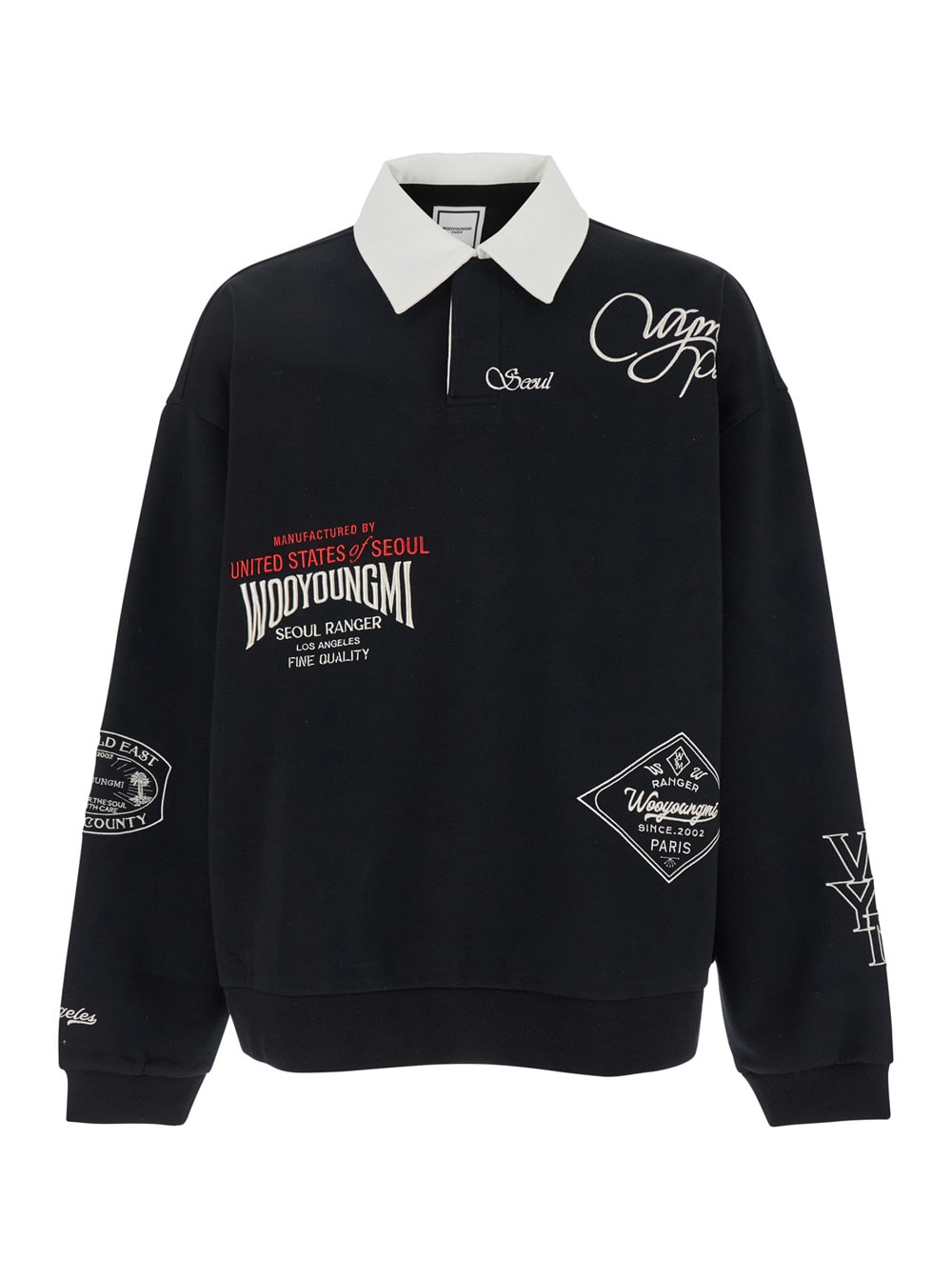 Black Polo Shirt With Classic Collar And Prints On The Front In Cotton Blend Man