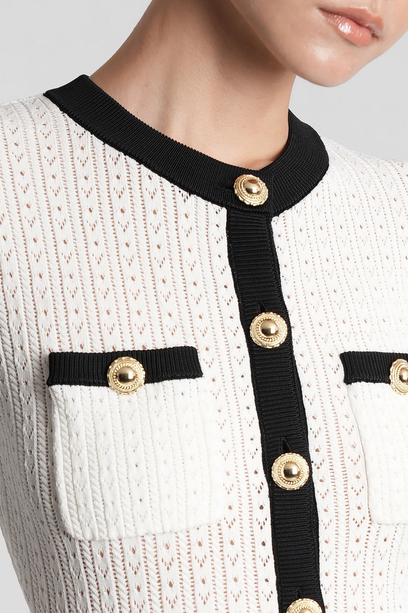Self-portrait Pointelle Knit Contrast Midi Dress In White