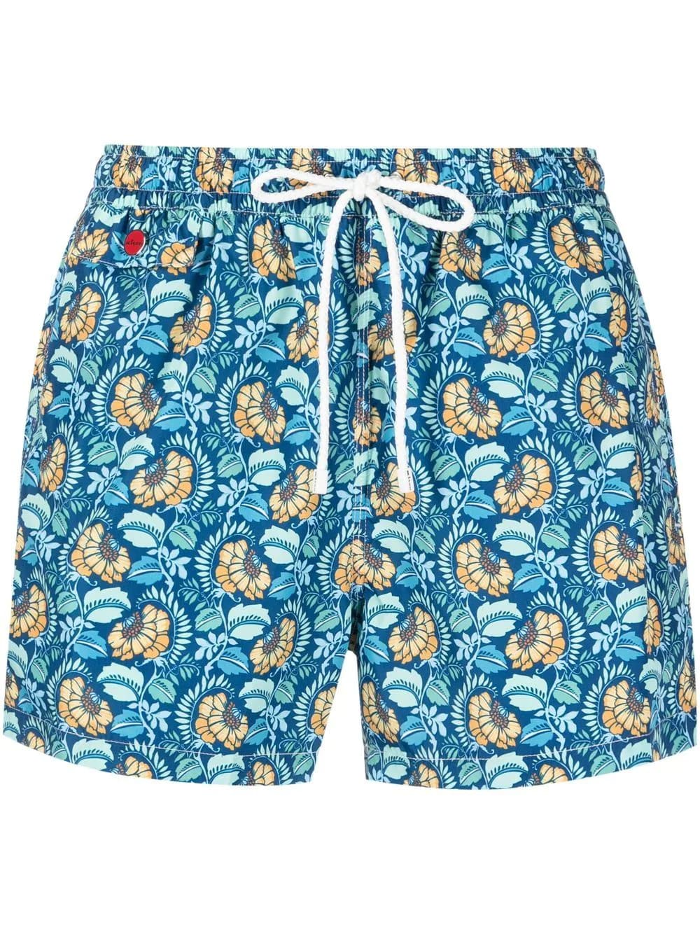 KITON DARK BLUE SWIM SHORTS WITH PALM AND FLOWER PRINT