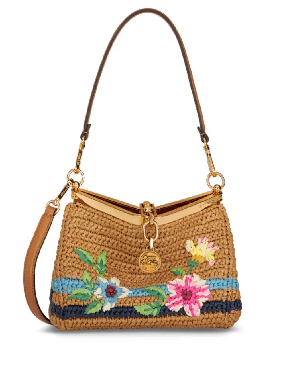 Etro Vela Mini Bag In Raffia With Embroidery In Brown
