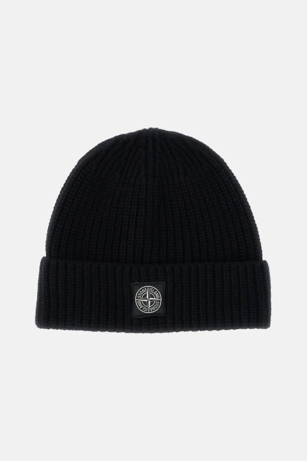 Stone Island Light Wool Knitted Beanie With Compass Patch In Black