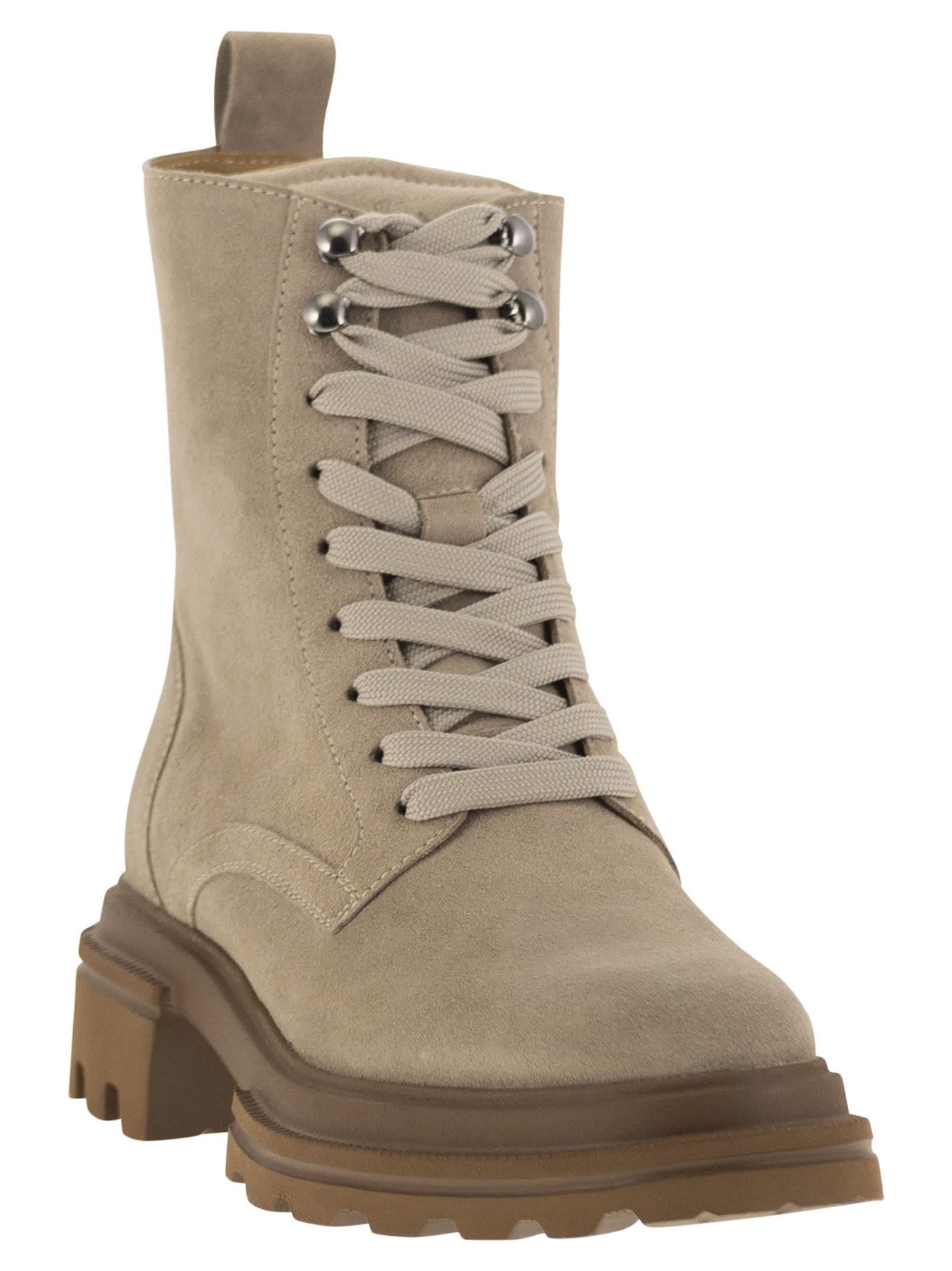 Shop Hogan H674 - Suede Lace-up Boot In Beige