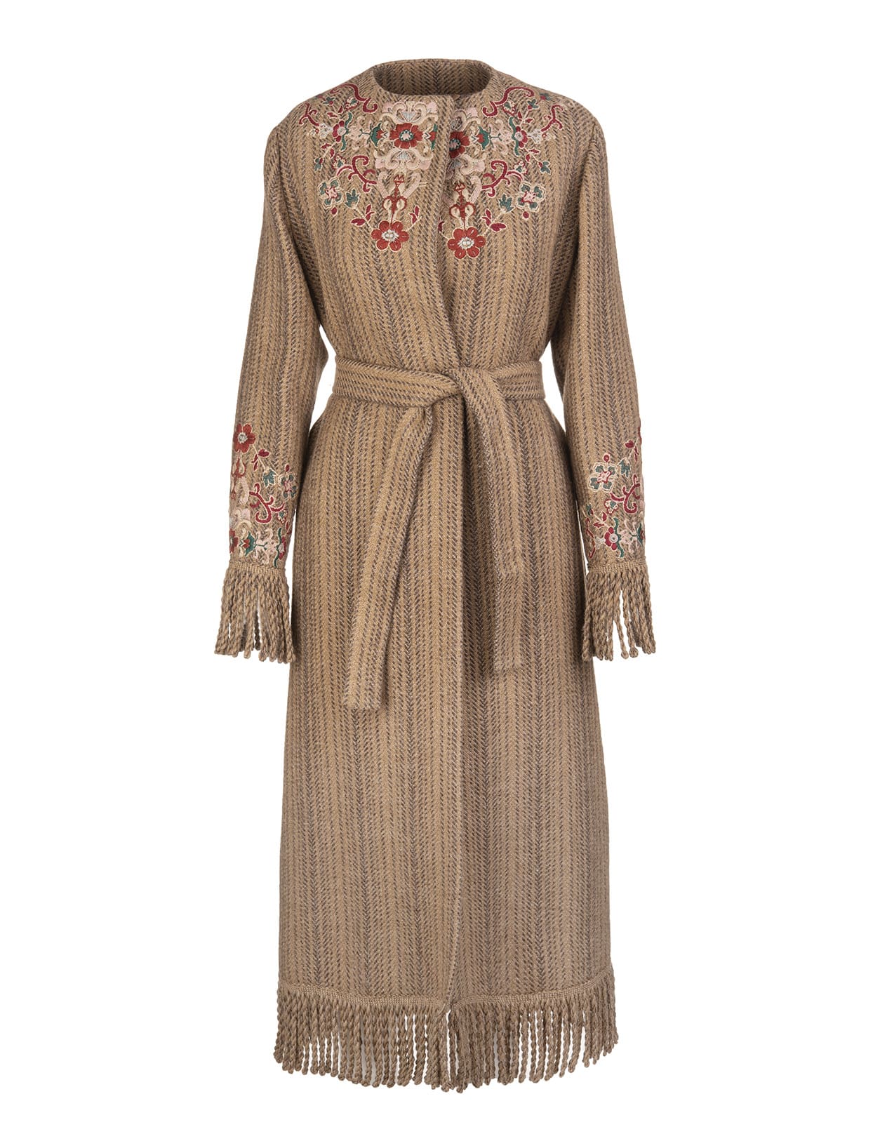 Etro Woman Long Brown Coat With Fringes And Embroidery