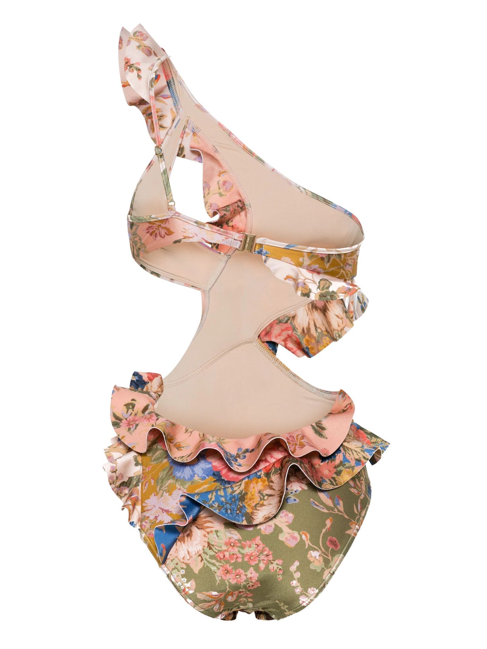 Shop Zimmermann Floral-print Ruffled Swimsuit In Multicolour