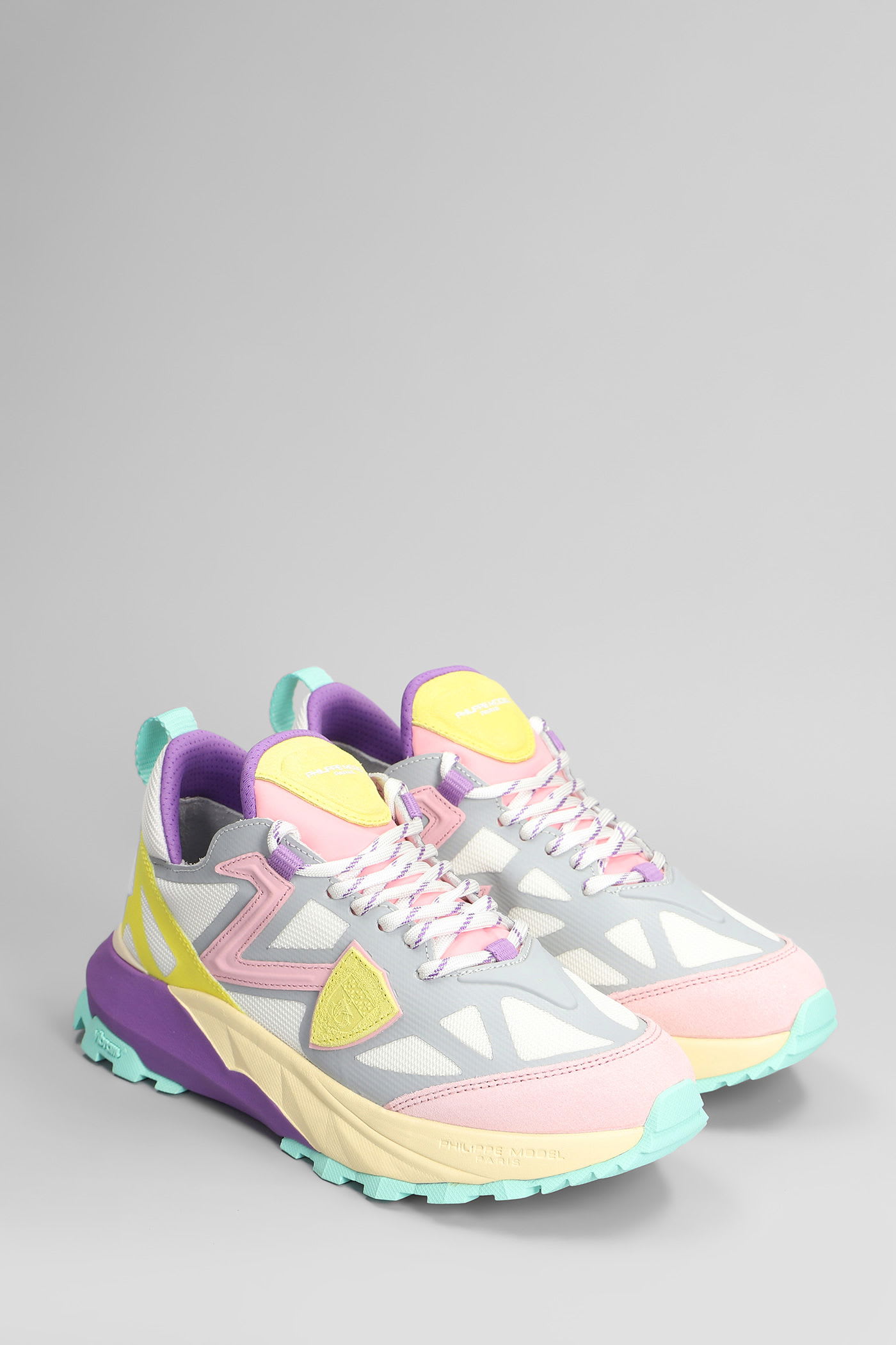 Philippe Model Rocx Low Sneakers In White Leather And Fabric In Purple