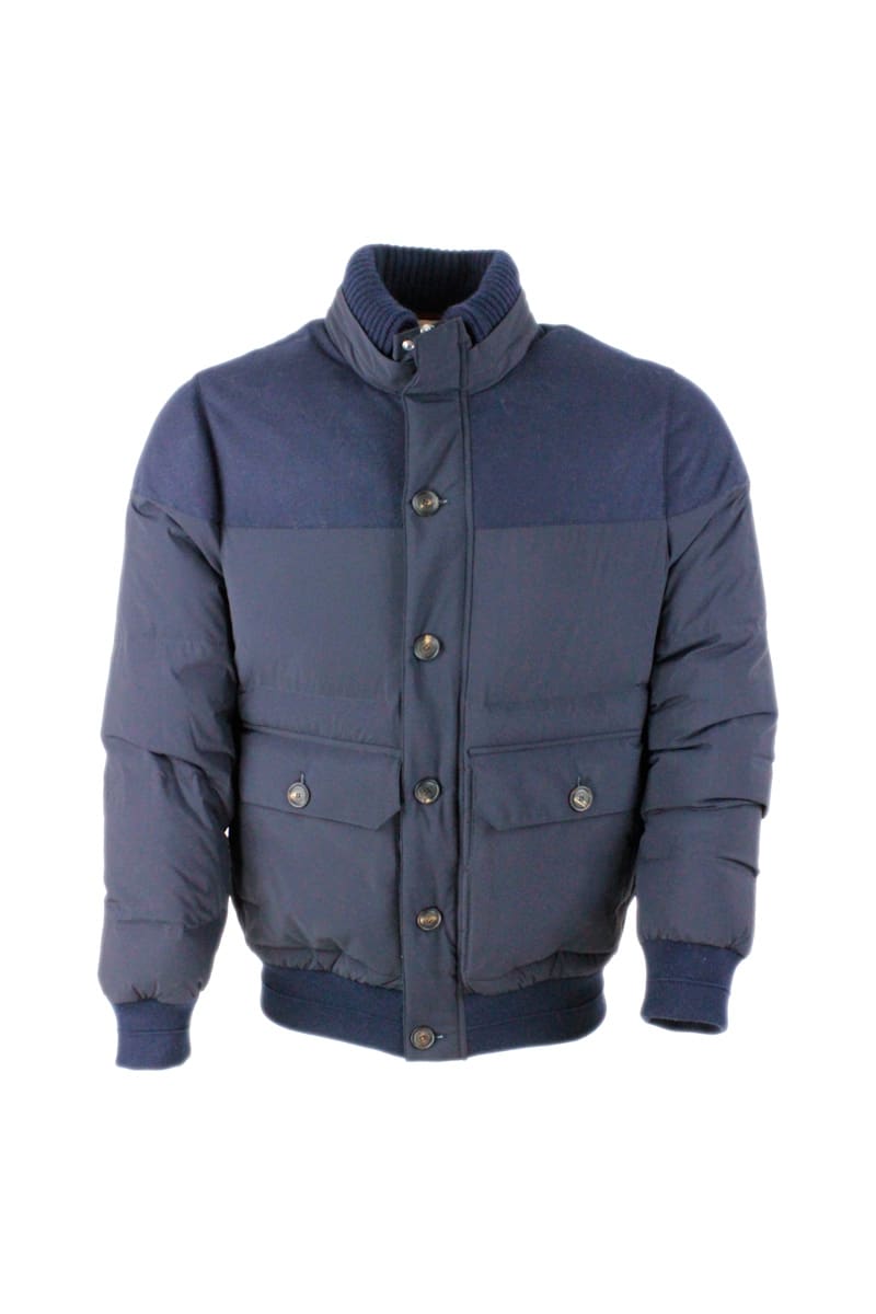 Brunello Cucinelli Bomber Down Jacket In Water-repellent Taffeta Fabric And Parts On The Shoulders In Wool, Silk And Cashmere Fabric. Knitted Cuffs An