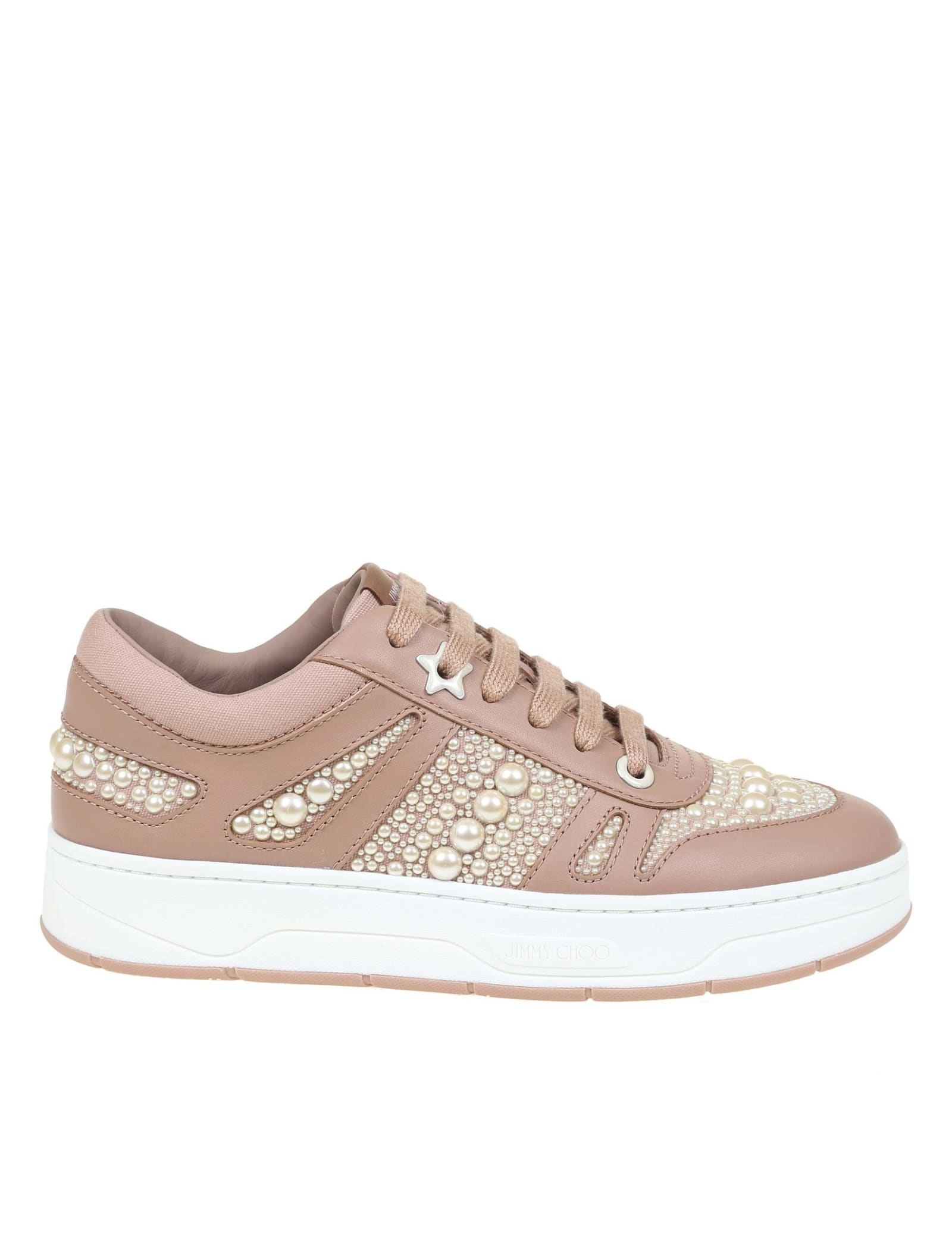 Buy Jimmy Choo Hawaii Sneakers In Leather With Pearls online, shop Jimmy Choo shoes with free shipping