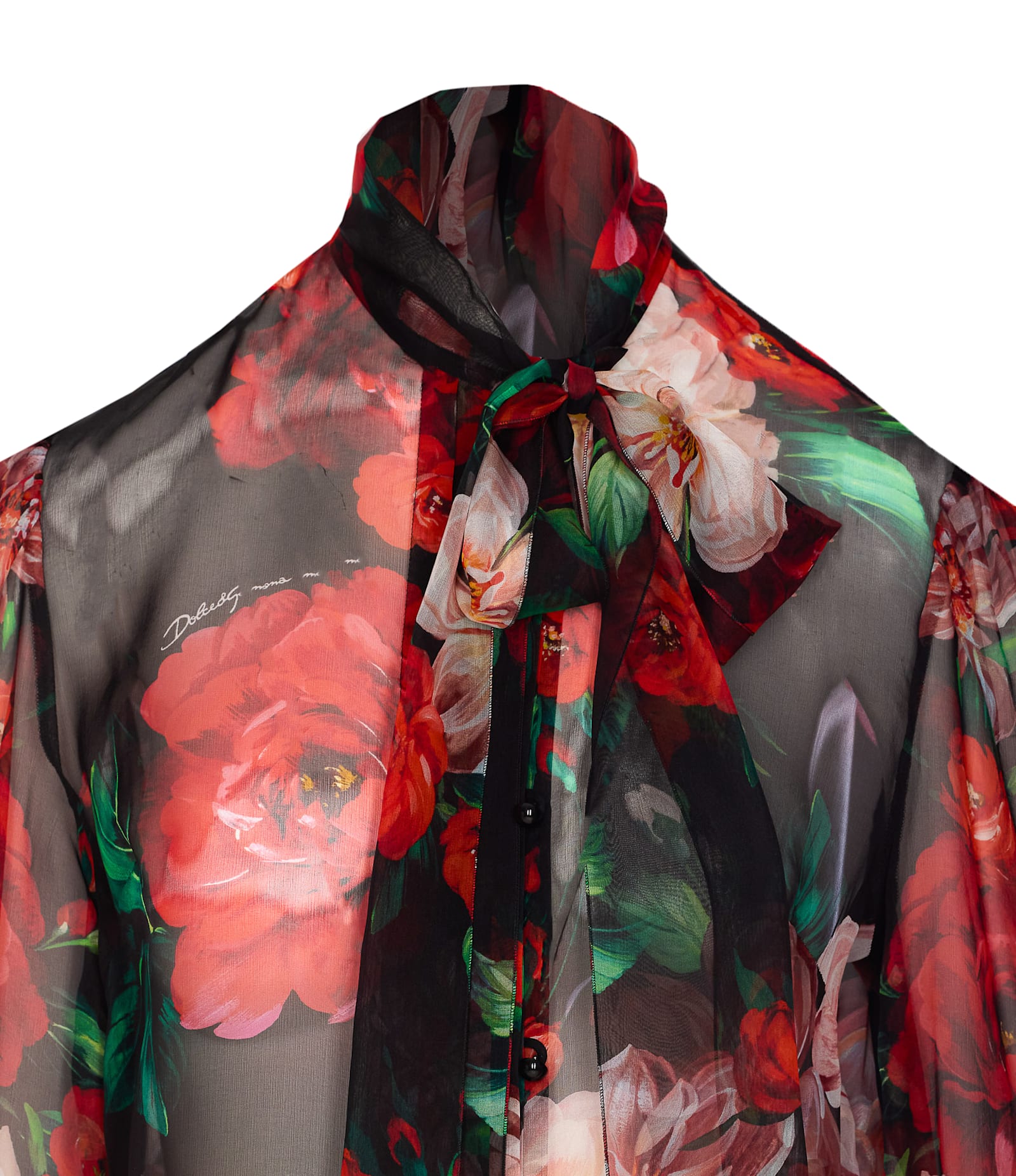 Dolce & Gabbana Shirt With Bow In Chiffon With Floral Print In Bouquetfioriantichifondonero