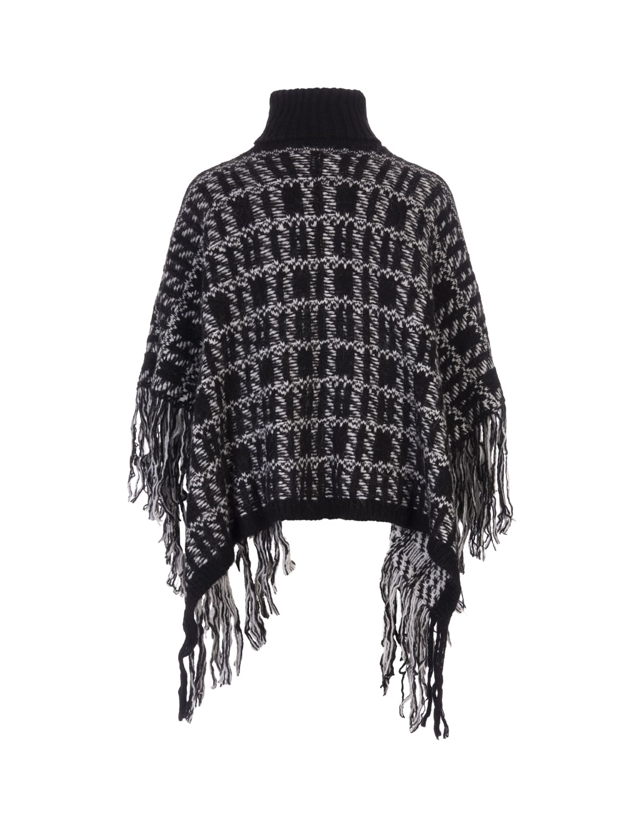 RED Valentino Woman Black And Ivory Mohair Blend Knit Poncho With Check Pattern