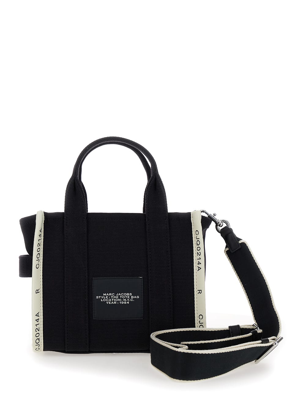 Shop Marc Jacobs The Small Tote Black Handbag With Jacquard Logo In Cotton Blend Canvas Woman