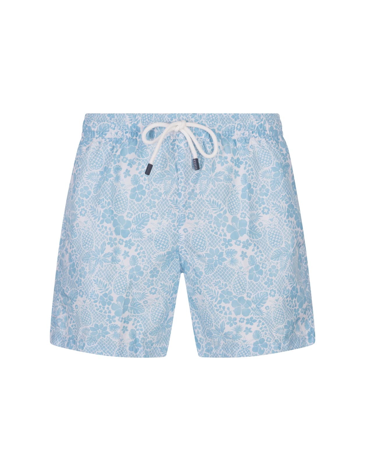 Shop Fedeli Light Blue Swim Shorts With Tropical Pattern