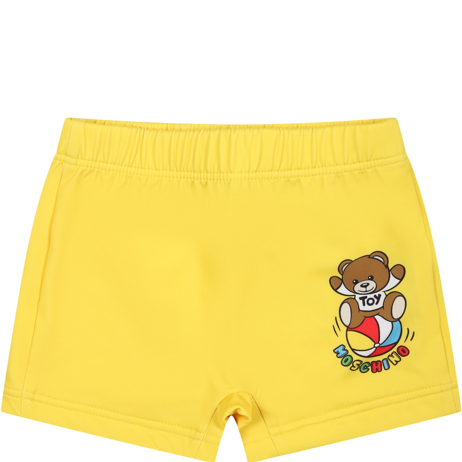 Moschino Yellow Swimsuit For Baby Boy With Teddy Bear And Multicolor Logo