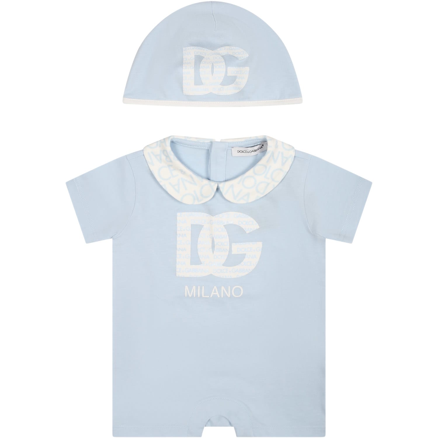 DOLCE & GABBANA LIGHT BLUE ROMPER SUIT FOR BABY BOY WITH LOGO