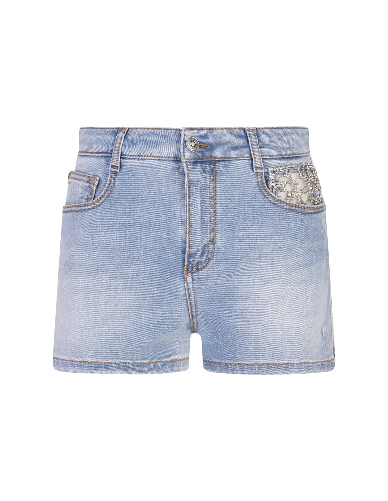 Shop Ermanno Scervino Mid Blue Denim Shorts With Jewel Embroidery