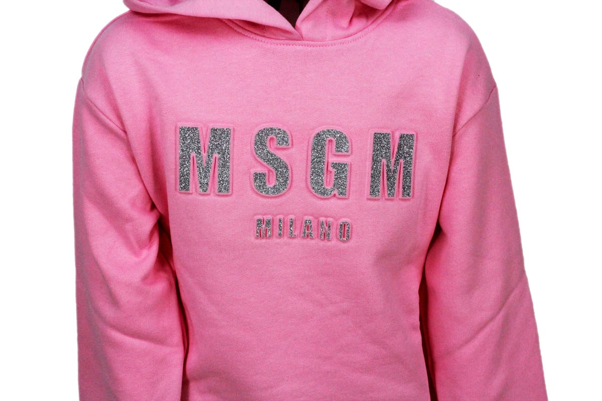 Shop Msgm Long-sleeved Hooded Sweatshirt With Embossed Writing With Lurex In Pink