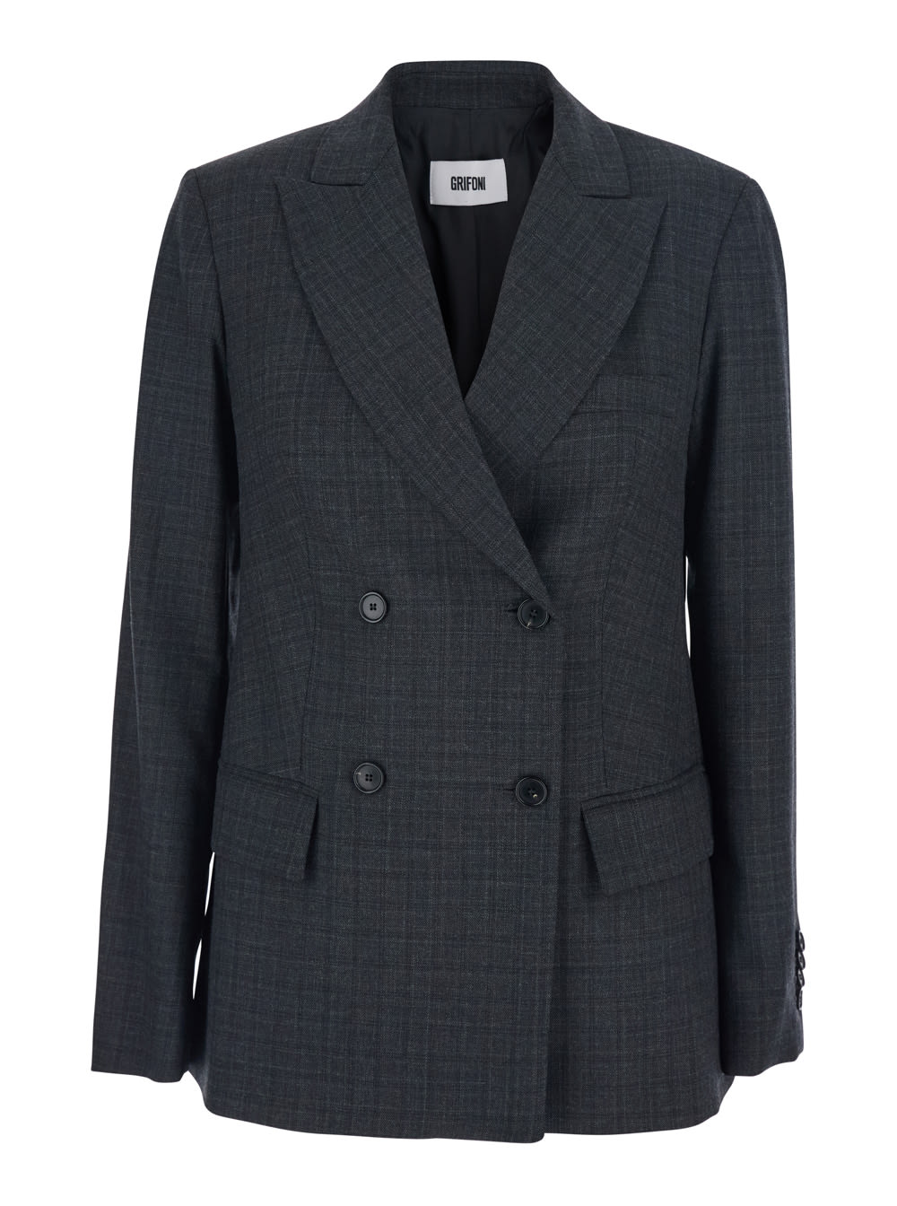 Mauro Grifoni Grey Double-breasted Jacket With Peak Revers And All-over Striped Motif In Wool Woman In Black
