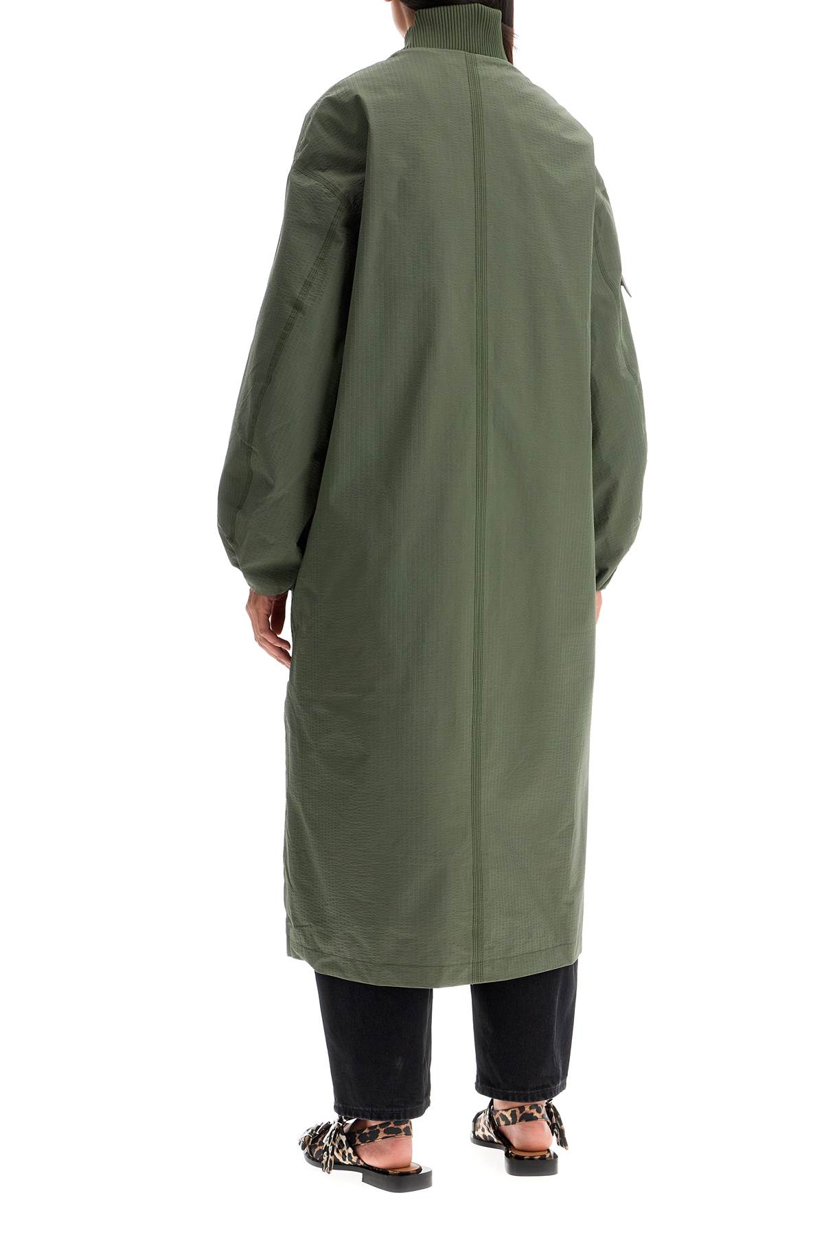 Shop Ganni Long Tech Seersucker Trench In Beetle (green)