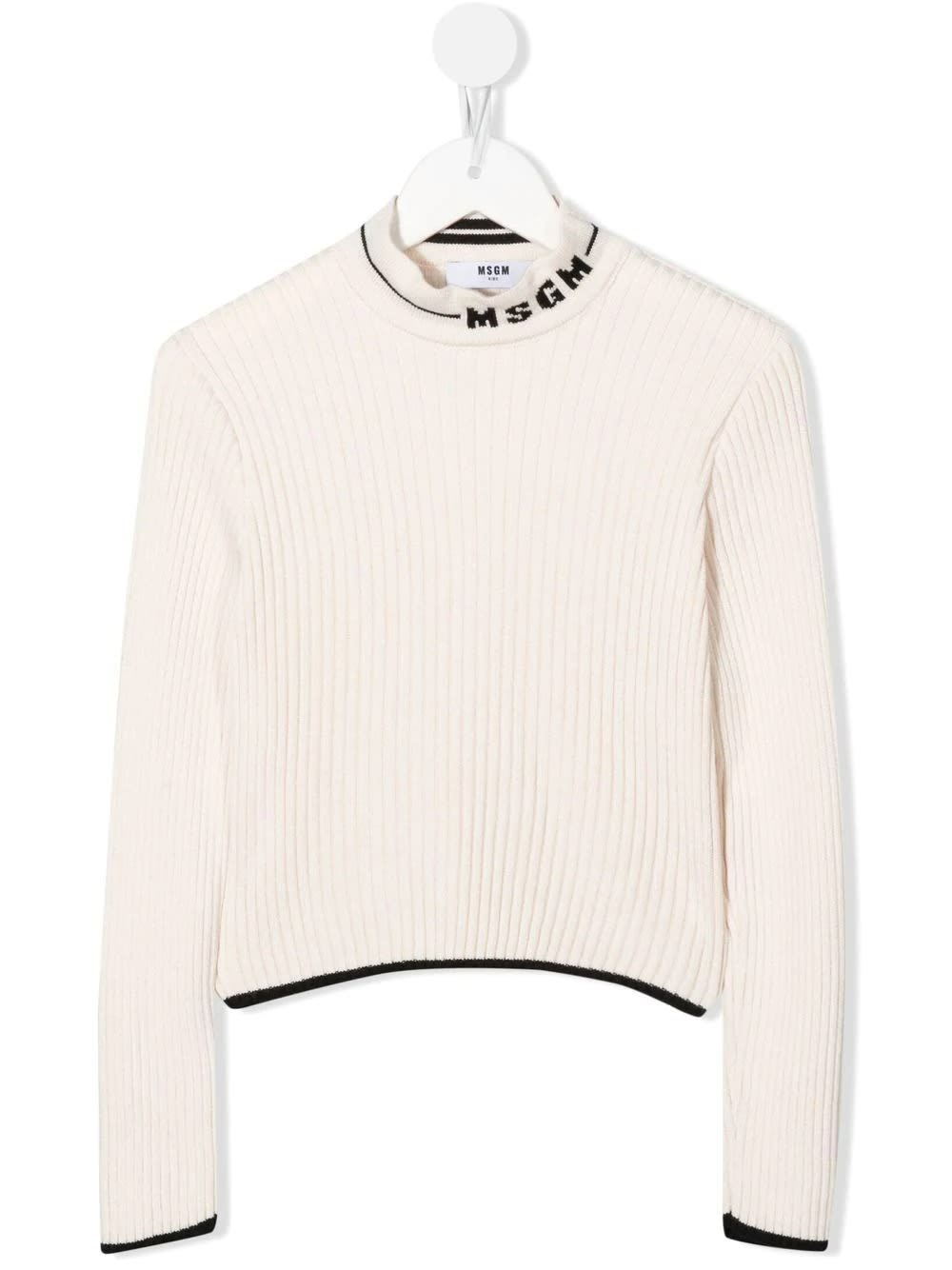 MSGM Kids Cream Ribbed Sweater With Logo On The Neck