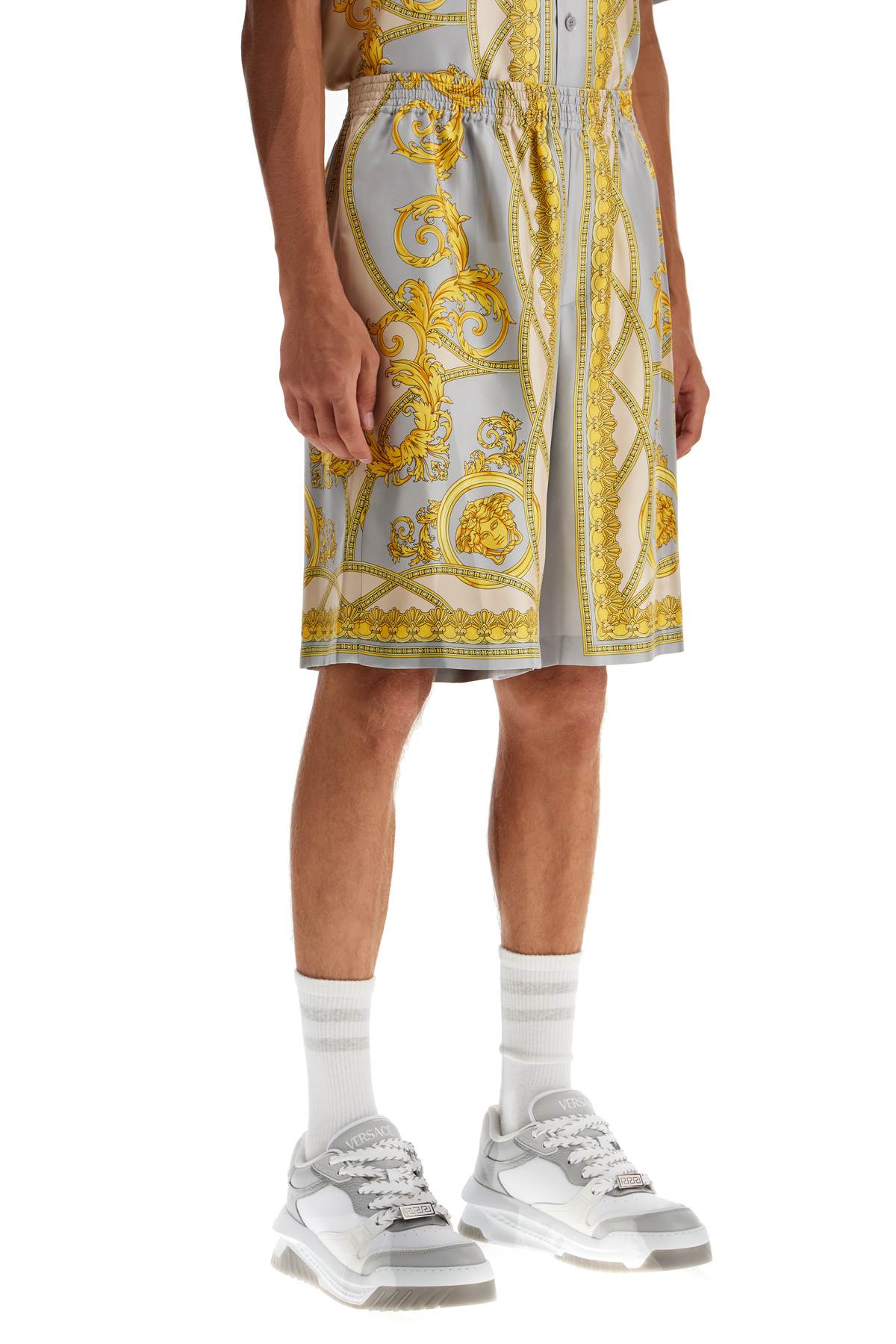 Shop Versace Silk Bermuda Shorts Cup Of In Concrete+mid Bone+gold (grey)