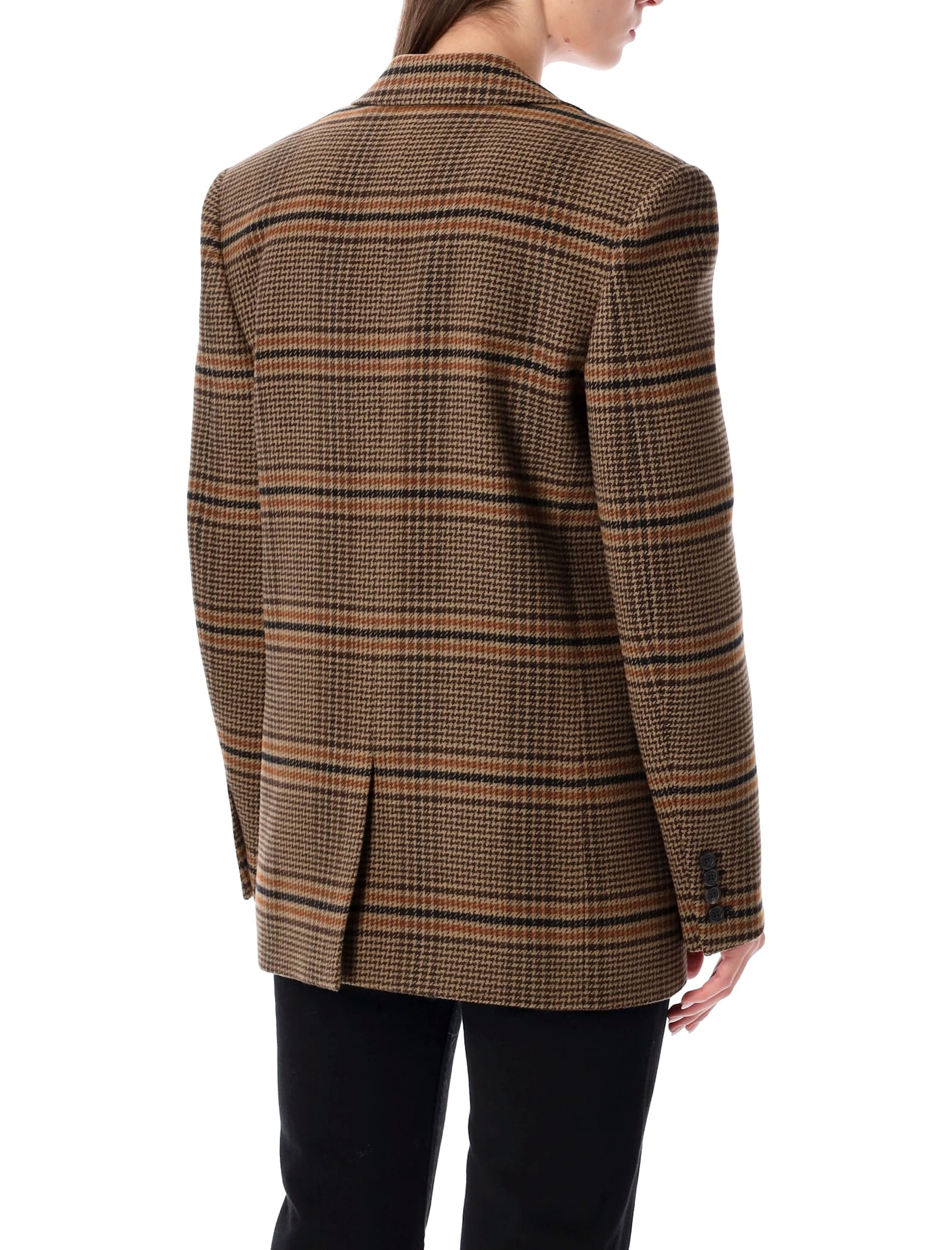 Saint Laurent Brown Check Wool Single-breasted Blazer In Blue